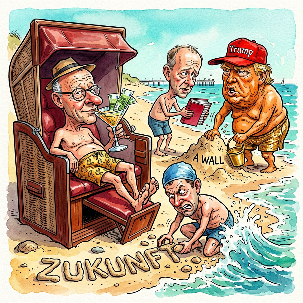 In Berlin geht die große Koalition von Bundeskanzler Friedrich Merz in die wohlverdiente Sommerpause, nachdem sie ein Jahr lang versucht hat, das Land umzukrempeln. Dass die Union und die SPD jetzt so richtig Gas geben wollen, merken die Bürger vor allem daran, dass bisher wenig passiert ist. Friedrich Merz verbringt seinen Urlaub wahrscheinlich damit, sein Privatflugzeug mit Goldstaub zu polieren, während er über neue Reformen nachdenkt. Sein Vizekanzler Lars Klingbeil von der SPD versucht derweil verzweifelt, den Sparkurs als großen Erfolg zu verkaufen. Das ist ungefähr so, als würde man ein brennendes Haus als neue Heizmethode bewerben. Die Stimmung zwischen den Partnern ist so harmonisch wie bei einem Boxkampf zwischen zwei Kängurus. Wadephul soll im Ausland für Deutschland werben, aber Trump versteht sowieso nur Sätze, die auf eine Mütze passen. Die Regierung will das Vertrauen zurückgewinnen, aber momentan trauen die Wähler der Koalition nicht mal zu, einen Eimer Wasser umzukippen. Bis zum Herbst wird also fleißig geplant, damit am Ende wieder alles beim Alten bleibt. Wir wünschen den Herren viel Spaß beim Sonnenbaden auf den Aktenbergen.