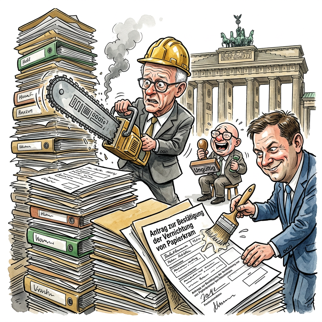 Bundeskanzler Friedrich Merz will mit seinem neuen Programm für Aufschwung und Beschäftigung die deutsche Bürokratie endlich besiegen. Der Plan sieht vor, dass Firmen weniger Zettel ausfüllen müssen, um mehr Zeit für echte Arbeit zu haben. In Berlin knallen schon die Sektkorken, doch in den Fabriken herrscht nackte Panik. Die Chefs glauben der Sache erst, wenn sie den Abbau der Bürokratie schriftlich in dreifacher Ausfertigung bestätigt bekommen. Ein Bäcker aus Castrop-Rauxel berichtet, er habe vor Schreck fast sein Mehl-Prüfbuch fallen gelassen. Wenn der Staat plötzlich keine komplizierten Listen mehr will, wissen viele Manager gar nicht mehr, was sie den ganzen Tag lang tun sollen. Finanzminister Lars Klingbeil beruhigt die Skeptiker jedoch sofort. Er verspricht, dass jeder Antrag auf Bürokratie-Abbau mindestens vier neue Stempel von verschiedenen Ämtern benötigt. Das sorgt für Sicherheit und ein vertrautes Gefühl von Stillstand. Am Ende bleibt alles beim Alten, nur der Stapel Papier auf dem Schreibtisch trägt jetzt einen schicken neuen Aufkleber mit der Aufschrift Effizienz. Deutschland atmet auf: Der Wahnsinn geht weiter, nur unter einem schöneren Namen.