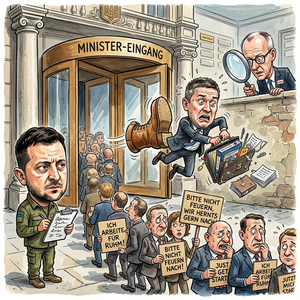 In der ukrainischen Hauptstadt Kiew sind tausende Menschen auf die Straße gegangen, um gegen die Entlassung des beliebten Verteidigungsministers Fedorow zu protestieren. Die Demonstranten finden es gar nicht lustig, dass ihr Lieblingspolitiker plötzlich seine Koffer packen musste. In Kiew herrscht jetzt das große Rätseln, warum der Mann eigentlich gehen musste. Wahrscheinlich hat er einfach zu oft freundlich gelächelt, was in der Politik ja eher als verdächtig gilt. In der Regierung von Präsident Selenskyj herrscht jetzt der Drehtür-Effekt, bei dem die Minister schneller wechseln als die Unterwäsche beim Sportfest. Währenddessen fragt sich Bundeskanzler Friedrich Merz in Berlin bereits, ob er seine Telefonnummernliste für Kiew direkt mit Bleistift schreiben sollte. Die Proteste zeigen deutlich, dass die Leute ihre Minister lieber behalten, wenn sie einmal ihre Namen fehlerfrei aussprechen können. Wenn das so weitergeht, wird der Job bald bei einer Castingshow vergeben, wo das Volk per SMS abstimmen darf. Der entlassene Fedorow wurde zuletzt gesehen, wie er sich beim Arbeitsamt meldete und hoffte, dass seine Erfahrung im Verteidigen auch gegen mürrische Sachbearbeiter hilft. Die Menge in Kiew fordert jedenfalls: Holt den Fedorow zurück, sonst müssen wir uns am Ende noch neue Plakate basteln.