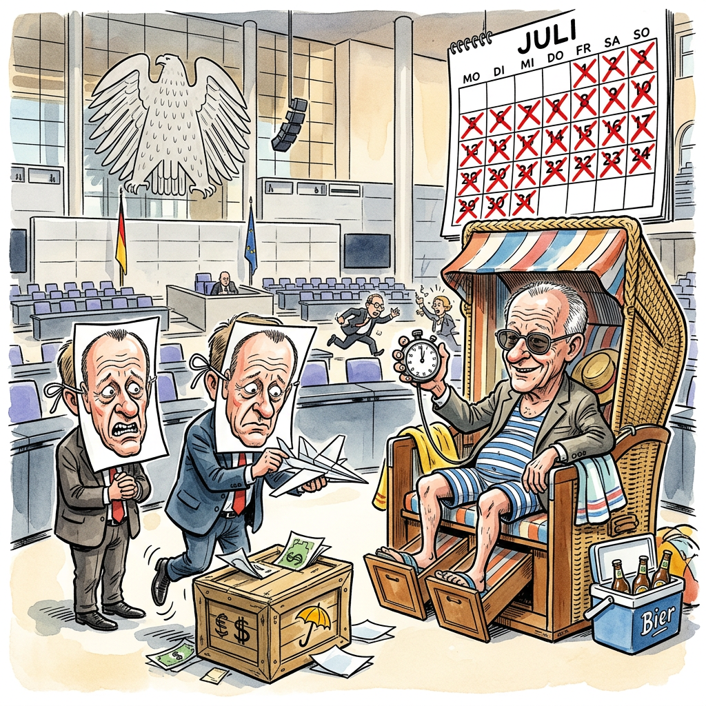 Bundeskanzler Friedrich Merz will noch vor seinem Sommerurlaub klären, wer künftig die Unionsfraktion anführen darf. Der Kanzler hat es eilig, denn er möchte am Grill stehen und nicht über langweilige Personalakten schwitzen. Merz sucht dabei nach einem Nachfolger, der genau wie er tickt, aber bitte nicht ganz so groß und dominant ist. Die Bedingung für den Job ist denkbar einfach. Bewerber müssen das Wort Flugzeug fehlerfrei buchstabieren können und eine Krawatte binden, die fester sitzt als das Parteiprogramm. In Berlin munkelt man, dass sich die Kandidaten bereits im Geheimen beim Privatjet-Wettfliegen messen. Merz beobachtet das Spektakel angeblich von seiner Terrasse aus durch ein goldenes Fernglas. Wer am Ende gewinnt, darf die Fraktion leiten und muss bei jedem Satz des Kanzlers laut Amen rufen. Das Auswahlverfahren wird absichtlich verkürzt, damit der neue Chef noch vor der ersten Hitzewelle im Büro sitzen und Akten fressen kann. Für die Kandidaten heißt es jetzt: Schnell noch einmal das Spiegelbild üben und die Haare silbergrau färben. Wer Merz am ähnlichsten sieht, hat die besten Karten auf den Sessel. Hauptsache, der Urlaub von Friedrich Merz bleibt heilig.