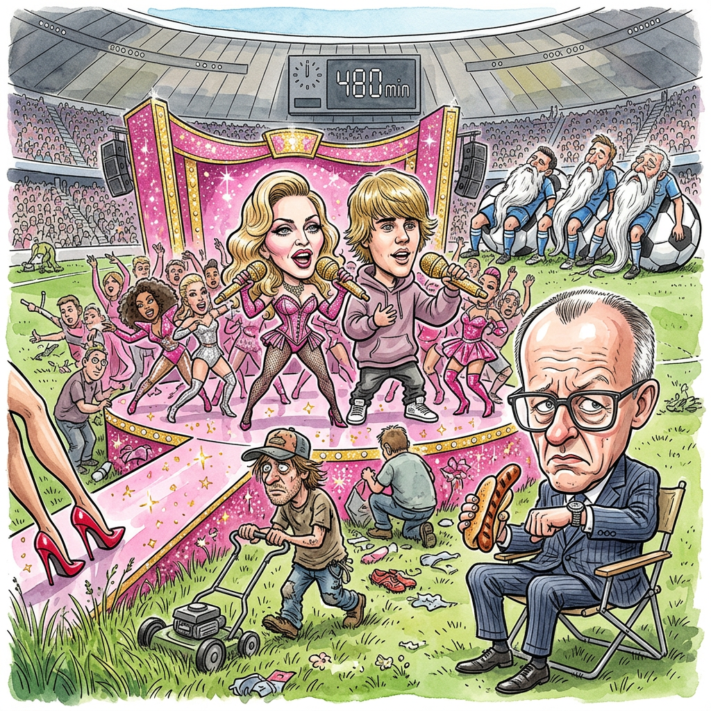 Beim heutigen Finale der Fußball-Weltmeisterschaft gibt es zum ersten Mal eine riesige Show in der Halbzeitpause nach amerikanischem Vorbild. Stars wie Shakira, Madonna und Justin Bieber sollen die Zuschauer unterhalten, während die Spieler eigentlich schon längst wieder schwitzen wollen. Schiedsrichter befürchten nun, dass die vorgeschriebene Pause von 15 Minuten zur Ewigkeit wird. In der Kabine herrscht Panik, weil die ersten Spieler bereits ihre Rente beantragen, bevor die zweite Halbzeit überhaupt angepfiffen wird. Damit die Stars ihre 400 Koffer auf den Rasen bekommen, wurden die Tore kurzerhand durch Schminktische ersetzt. Bundeskanzler Friedrich Merz hat bereits angekündigt, die Show als Überstunden von der Steuer abzusetzen. Er hofft, dass Deutschland zumindest beim Tanzen gewinnt, wenn es mit dem Schießen schon nicht klappt. Die FIFA plant derweil, das Spiel in vier Viertel zu teilen, damit Madonna zwischendurch ein Nickerchen machen kann. Fans im Stadion stellen sich auf Camping ein und haben bereits erste Lagerfeuer auf der Tribüne entzündet. Wenn Justin Bieber seinen letzten Ton trifft, haben die Spieler wahrscheinlich schon graue Bärte und vergessen, in welches Tor sie eigentlich schießen müssen. Es ist die erste Grillparty der Weltgeschichte, bei der zwischendurch kurz Fußball gespielt wird.