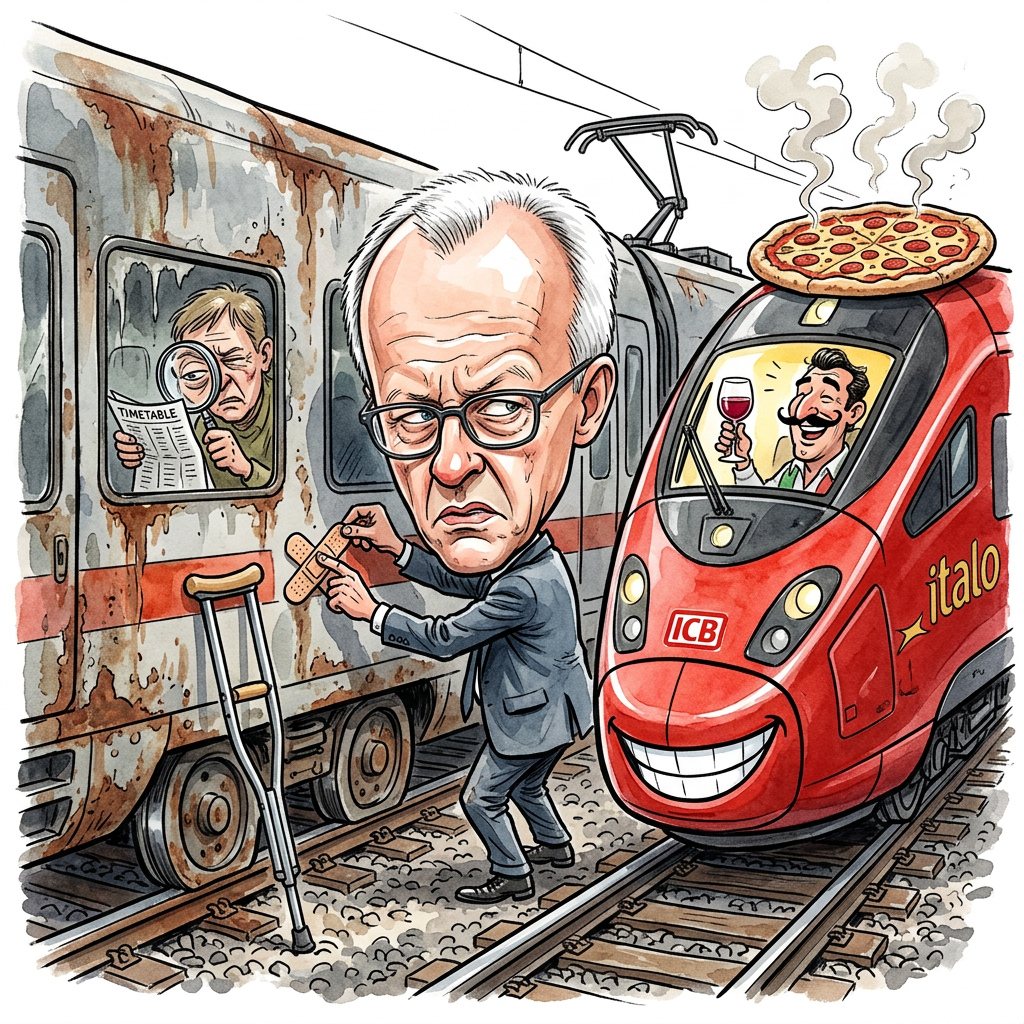 Ab dem Jahr 2028 sollen die knallroten Züge der Firma Italo über deutsche Gleise flitzen und der Deutschen Bahn Konkurrenz machen. In Italien zeigt der private Flitzer bereits, wie es geht: Züge kommen an, wenn sie es versprechen, und die Sitze riechen nicht nach altem Wurstbrot. Die Deutsche Bahn bereitet sich schon intensiv vor und prüft, ob man Verspätungen einfach als italienisches Lebensgefühl verkaufen kann. Bundeskanzler Friedrich Merz freut sich über den Wettbewerb und hofft, dass die Züge schneller sind als seine eigene Steuerreform. Die Strategie der Bahn ist klar: Man will die Italiener durch strategisches Liegenlassen von Baustellen so lange ausbremsen, bis sie frustriert wieder nur Nudeln kochen. Experten glauben jedoch, dass der rote Blitz eine echte Gefahr ist, weil er eine Technik nutzt, die in Deutschland als Hexerei gilt: Zuverlässigkeit. Während man im ICE noch hofft, dass die Toilette nicht explodiert, gibt es bei Italo vielleicht sogar genießbaren Kaffee. Wenn es ganz hart kommt, müssen Passagiere der Deutschen Bahn bald ein Visum für den Speisewagen beantragen, um den Geruch von frischem Basilikum zu ertragen. Am Ende bleibt nur eine Sorge: Sind unsere maroden Schienen überhaupt bereit für Züge, die nicht aus Mitleid anhalten?