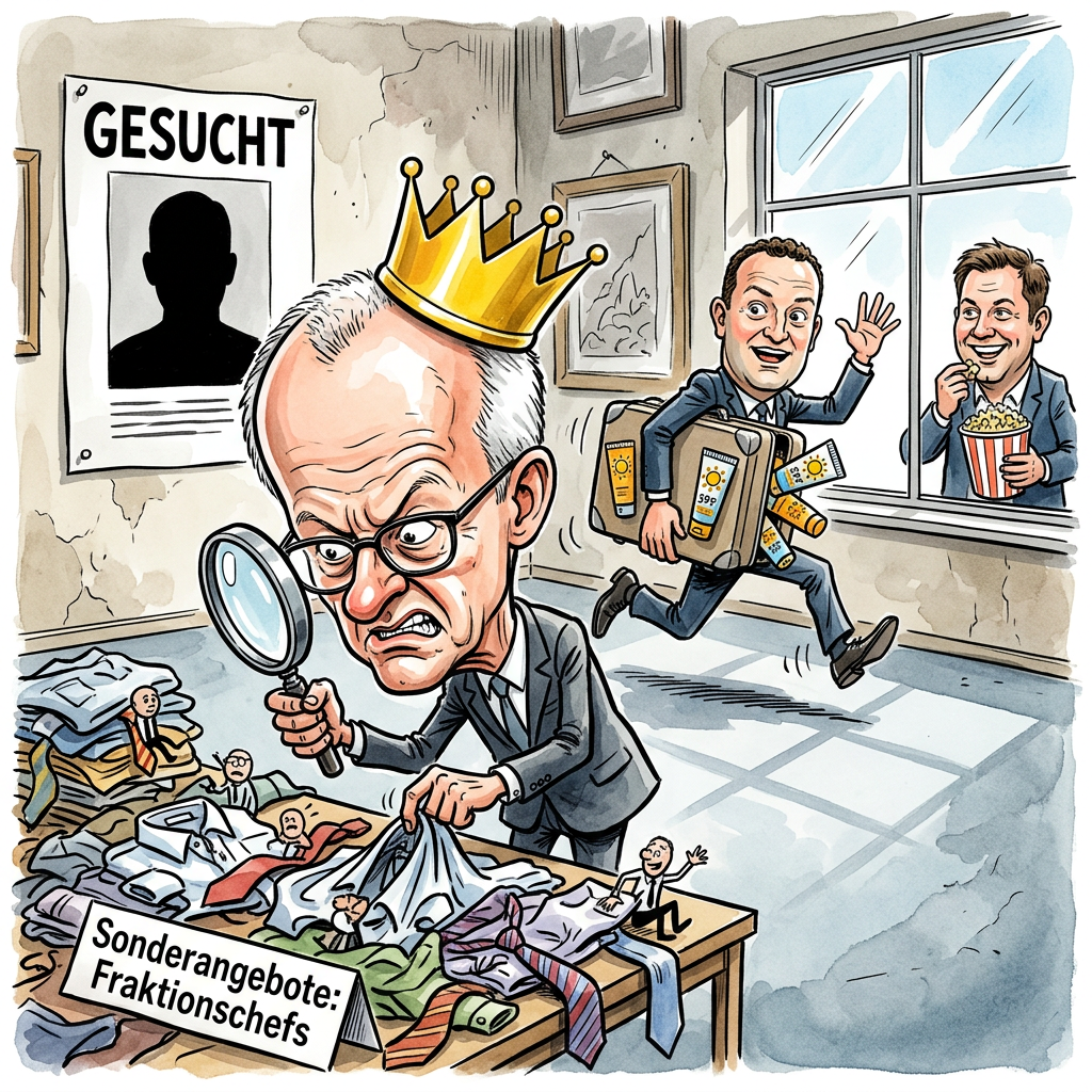 Jens Spahn hat seinen Rücktritt als Fraktionschef erklärt und die Union sucht nun verzweifelt einen Nachfolger. Heute treffen sich die Bosse der CDU und die Abgeordneten zur Krisensitzung. Kanzler Friedrich Merz will die Sache schnell abhaken, bevor jemand merkt, dass die Fraktion ohne Führung eigentlich friedlicher ist. Die Stimmung ist wie auf einer Resterampe kurz vor Ladenschluss. Mehrere Namen werden genannt, aber die meisten Abgeordneten verstecken sich hinter ihren Kaffeetassen. Wer den Job macht, muss Merz zustimmen und gleichzeitig so tun, als hätte er eine eigene Meinung. Das ist schwieriger als eine Diät bei einer Torten-Messe. Die Union braucht jemanden, der laut genug schreit, damit die SPD im Keller aufwacht. Merz schaut schon nervös auf die Liste der Bewerber, auf der bisher nur Platzhalter und ein paar Zeichnungen von Smileys stehen. Der Kanzler möchte verhindern, dass am Ende das Los entscheidet oder eine Künstliche Intelligenz einspringt. Die CDU hofft nun auf ein Wunder oder zumindest auf jemanden, der die Krawatte gerade binden kann. Bis heute Abend soll Rauch aufsteigen, vorzugsweise weißer Rauch und kein Qualm von einem brennenden Mülleimer.