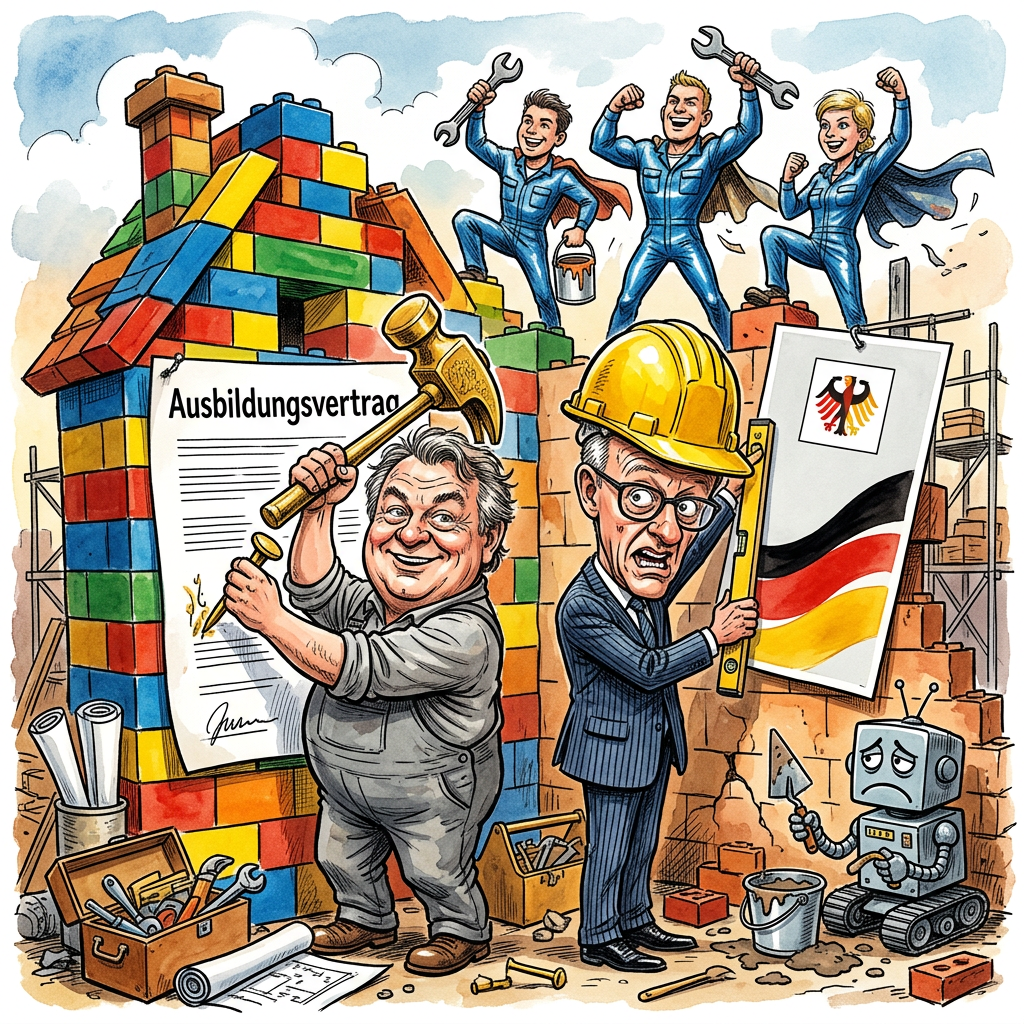 Im deutschen Handwerk gibt es wieder deutlich mehr neue Lehrlinge und Ausbildungsverträge. Handwerkspräsident Dittrich freut sich über einen echten Lichtblick für verbeulte Rohre und wackelige Wände. Jahrelang wollten alle jungen Leute nur am Laptop sitzen und bunte Bilder verschieben. Jetzt haben sie gemerkt, dass man vom Tippen auf einer Tastatur kein dichtes Klo bekommt. Die neue Lust auf den Hammer hat einen einfachen Grund. Die Jugend hat Angst vor der künstlichen Intelligenz. Ein Computer kann zwar Gedichte schreiben, aber er kann keine Heizung im Keller reparieren. Wenn der Roboter versucht, eine Fliese zu kleben, gibt es meistens nur einen Kurzschluss. Bundeskanzler Friedrich Merz findet den Trend super. Er hofft, dass die neuen Handwerker bald auch die Umfragewerte der Regierung festklopfen können. Die Azubis freuen sich auf ein Leben voller echter Arbeit. Endlich müssen sie keine komplizierten Begriffe mehr lernen, sondern nur noch wissen, wo die Wasserwaage liegt. Wenn das so weitergeht, findet man in Deutschland bald sogar wieder einen Tischler, der jünger ist als der Kleiderschrank, den er reparieren soll. Ein Hoch auf den Blaumann.