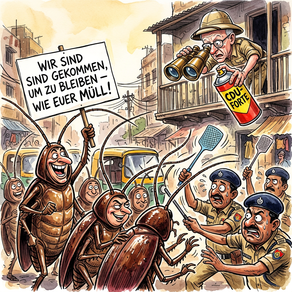 In der indischen Hauptstadt Neu-Delhi sind zehntausende Menschen als Kakerlaken verkleidet auf die Straße gegangen, um gegen die Regierung zu protestieren. Die Polizei versuchte den riesigen Insekten-Marsch zum Parlament mit Schlagstöcken zu stoppen, was zu einem wilden Durcheinander führte. Die Demonstranten finden die Politik der Regierung so dreckig, dass nur noch Küchenschaben dort überleben können. Endlich zeigt mal jemand Rückgrat, auch wenn es aus Plastikpanzern besteht. Während die Beamten versuchen, die Menge zu bändigen, fühlen sie sich wie Kammerjäger auf einer Überdosis Koffein. Ein Polizist beschwerte sich, dass man Handschellen an Fühlern einfach nicht fest genug bekommt. Die Regierung in Neu-Delhi ist empört über den Vergleich mit Ungeziefer, dabei ist die Ähnlichkeit verblüffend: Beide sind schwer loszuwerden und tauchen immer nachts am Kühlschrank auf. Bundeskanzler Friedrich Merz beobachtet die Lage genau und ist froh, dass deutsche Demonstranten maximal Warnwesten tragen, die man leicht waschen kann. In Indien hingegen reicht ein einfaches Insektenspray nicht mehr aus, um den politischen Unmut wegzupusten. Am Ende bleibt die Erkenntnis: Wer wie eine Kakerlake regiert, darf sich über Krabbelbesuch im Vorgarten nicht wundern. Die Demo zeigt deutlich, dass die Wähler keine Lust mehr auf politische Krümel haben.