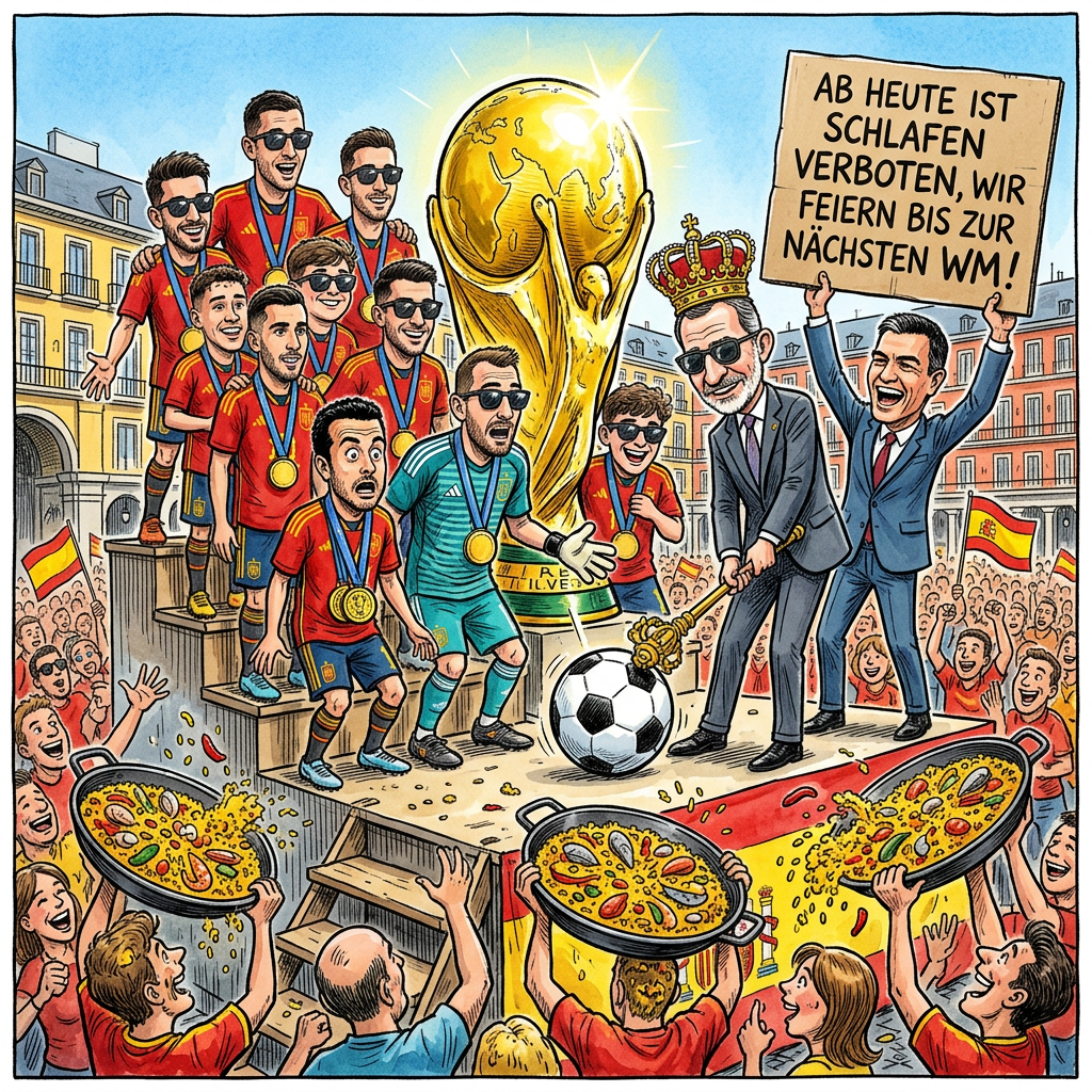 Die spanischen Fußballer sind nach ihrem Sieg bei der Weltmeisterschaft zurück in Madrid und wurden dort von tausenden Fans sowie König Felipe empfangen. Der Jubel war so laut, dass man ihn wahrscheinlich sogar auf dem Mars hören konnte. Die Spieler sahen bei der Rückkehr in die Heimat aus wie Wander-Pokale, weil sie vor lauter Gold-Medaillen kaum noch gerade laufen konnten. König Felipe umarmte jeden Spieler so fest, als wollte er sich heimlich ein Trikot für das nächste Training mopsen. Die Stimmung war so gut, dass Ministerpräsident Sanchez kurzzeitig überlegte, den Fußball zum neuen Nationalgericht zu erklären. In Madrid wurde so viel gefeiert, dass das Leitungswasser dort jetzt vermutlich nach Sangria schmeckt. Selbst die Polizisten tanzten auf den Straßen, anstatt Strafzettel zu schreiben. Die Spieler müssen nun aufpassen, dass sie ihre Köpfe nicht zu hoch tragen, sonst passen sie bei der nächsten Feier nicht mehr durch die Tür des Palastes. Am Ende gab es so viel Konfetti, dass man Madrid aus der Luft für eine riesige Schüssel bunte Cornflakes halten konnte. Die Fans sind glücklich und die Spieler haben jetzt erst einmal Urlaub vom Gewinnen verdient.