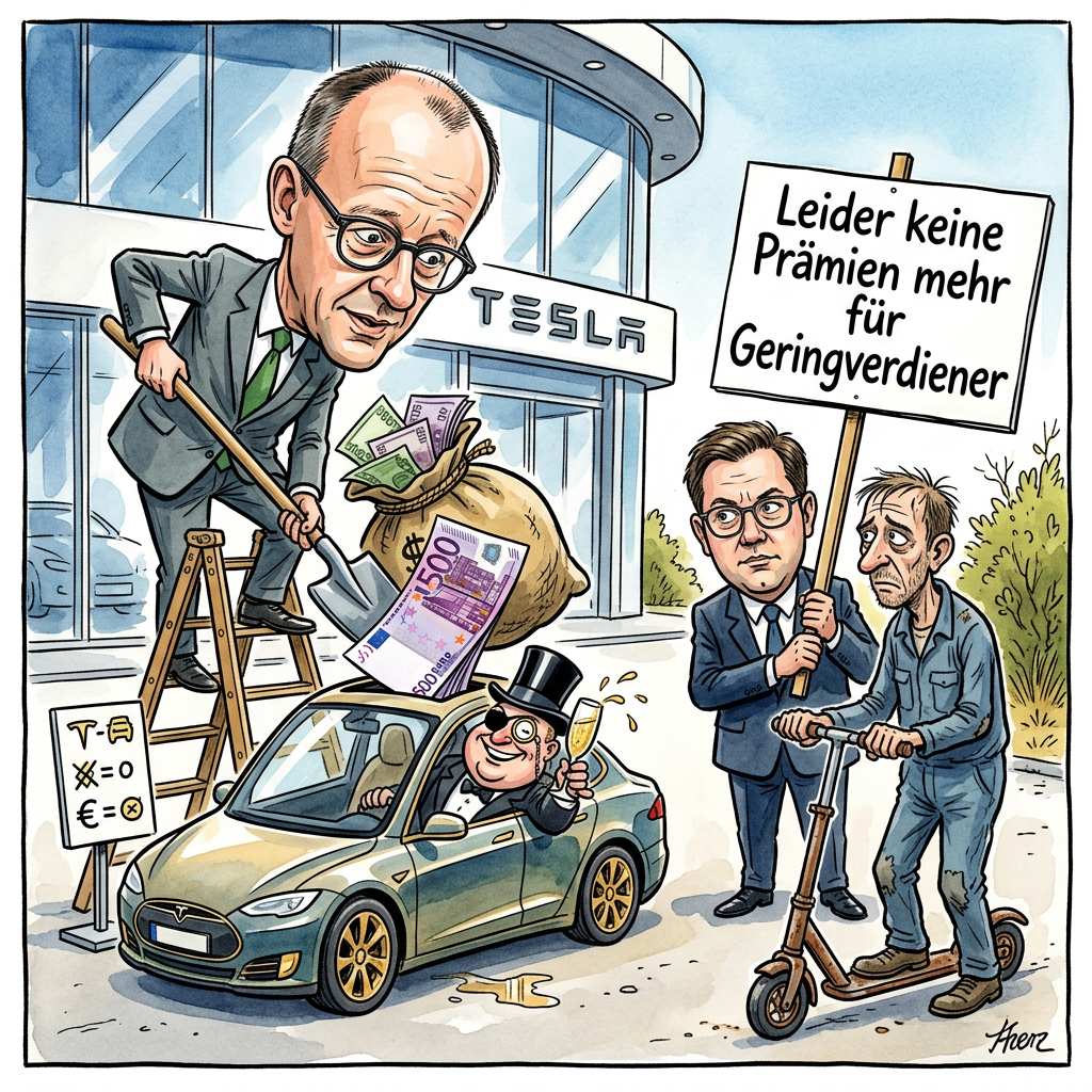 Elektroautos sind seit dem Jahr 2020 rund 18 Prozent günstiger geworden und der Staat hat bereits über 50 Millionen Euro an Fördergeldern ausgezahlt. Das ist eine tolle Nachricht für alle Menschen, die sowieso schon zu viel Geld auf dem Konto haben. Während normale Bürger noch überlegen, ob sie sich ein neues Fahrrad oder ein gebrauchtes Moped leisten können, schiebt der Staat den Tesla-Fahrern die Scheine bündelweise in das Handschuhfach. Bundeskanzler Friedrich Merz findet das super, denn ein günstiger Zweitwagen für den Flugplatz schadet nie. Die 50 Millionen Euro sind fast vollständig weg, aber dafür sieht die Einfahrt beim Zahnarzt jetzt viel moderner aus. Man spart beim Autokauf jetzt so viel Geld, dass man sich davon fast einen ganzen Wocheneinkauf im Supermarkt leisten kann. Experten raten dazu, das E-Auto einfach im Wohnzimmer zu parken, weil man es sich sowieso nicht leisten kann, damit irgendwohin zu fahren. Wer heute noch einen Benziner kauft, hat den Schuss nicht gehört oder einfach keine Lust auf endlose Ladekabel im Vorgarten. Am Ende freuen sich alle über die Preise, besonders die Stromanbieter, die schon gierig die Preise für die Steckdose erhöhen. So bleibt das Geld im Kreislauf und der Bürger hat wenigstens ein schickes iPad auf Rädern vor der Tür stehen.