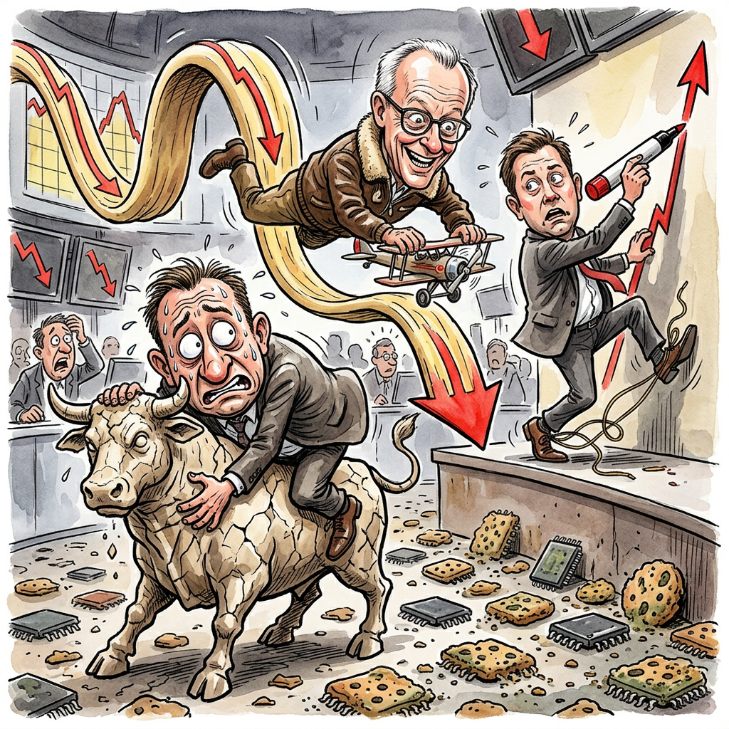 Die Kurse an der Frankfurter Börse treten auf der Stelle, weil Anleger Angst vor einer Flaute bei künstlicher Intelligenz haben. Die Stimmung am Parkett erinnert aktuell an ein Kaninchen vor der Schlange, wobei das Kaninchen ein teures iPad trägt. Viele Investoren haben Panik, dass die Computer-Gehirne bald doch nicht die Weltherrschaft übernehmen, sondern nur noch schneller Rechtschreibfehler in E-Mails finden. Wenn die KI-Blase platzt, stehen viele Banken da wie ein Kind, das im Lotto verloren hat. Bundeskanzler Friedrich Merz beobachtet die Lage kritisch von seinem privaten Flugzeug aus, während die Broker unten ihre Monitore anstarren, als könnten sie die Kurse mit bloßer Willenskraft nach oben beschwören. In den Büros herrscht Totenstille, man hört nur das leise Weinen derer, die gestern noch dachten, sie werden durch Chatbots zu Millionären. Vizekanzler Lars Klingbeil hat bereits vorgeschlagen, die Kurse einfach mit einem Filzstift höher zu malen, aber das wollte die Börsenaufsicht leider nicht. Am Ende bleibt die Erkenntnis: Wer sein ganzes Geld in Roboter steckt, darf sich nicht wundern, wenn das Depot am Ende nur noch Blech wert ist. Die Hängepartie geht weiter, bis die erste KI lernt, wie man aus Kaffeekapseln echtes Gold druckt.