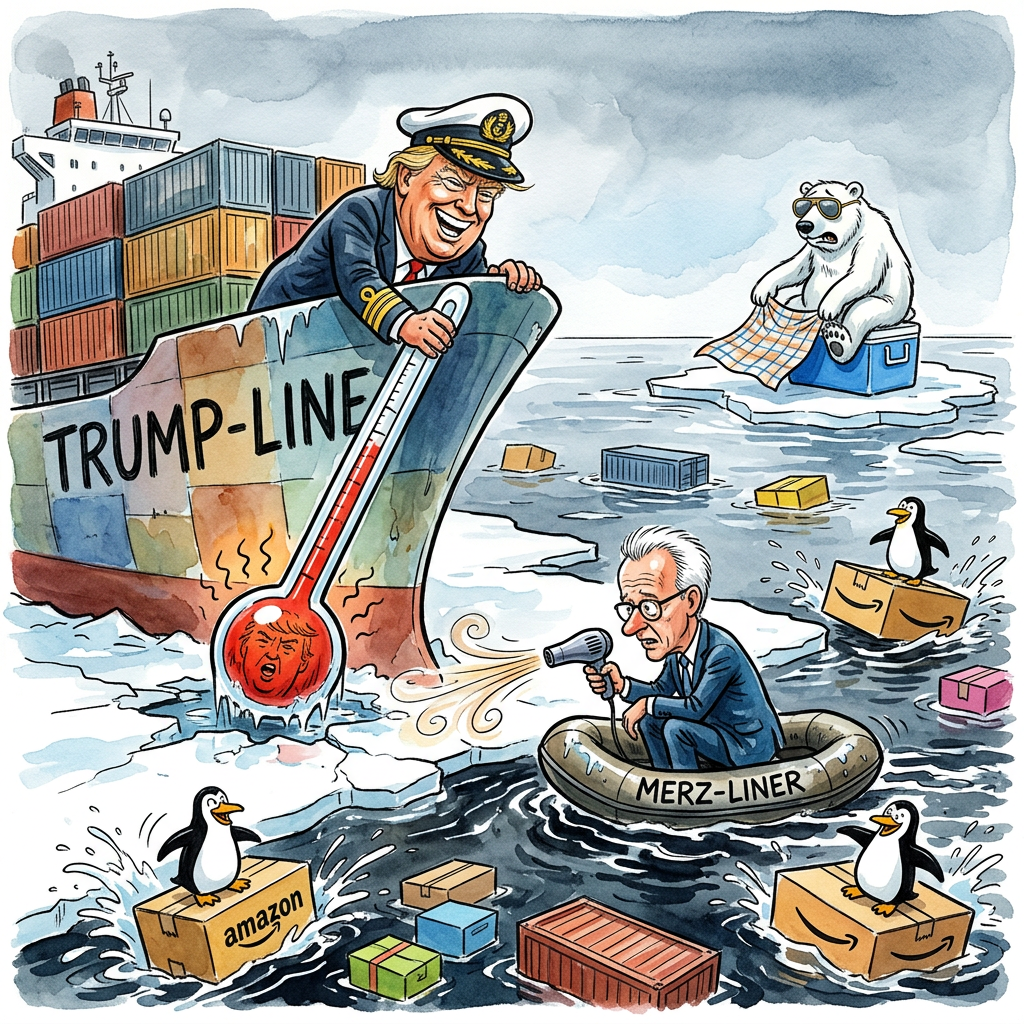 Das Packeis im Norden schmilzt immer weiter und macht den Weg für die sogenannte Nordwestpassage frei. Schiffe können nun direkt von China nach Amerika fahren, ohne den weiten Umweg durch den warmen Süden zu nehmen. Für die Umwelt ist das zwar eine mittelschwere Katastrophe, aber für Online-Shopper ist es ein Segen. Wer heute eine Plastik-Ente in Peking bestellt, bekommt sie morgen schon geliefert, sofern der Kapitän nicht gegen einen betrunkenen Eisbären knallt. Bundeskanzler Friedrich Merz freut sich bereits auf die neuen Handelswege. Er hofft, dass die Waren so schnell kommen, dass die Inflation gar keine Zeit hat, die Preise zu erhöhen. Donald Trump plant derweil schon den nächsten Schritt für den neuen Seeweg. Er möchte an jeder Eisscholle ein goldenes Kassenhäuschen aufstellen und Eintritt verlangen. Wahrscheinlich lässt er die Eisbären auch direkt als Zollbeamte umschulen. Die Tiere haben zwar keine Ahnung von Papieren, sehen aber in Uniform bestimmt sehr einschüchternd aus. Am Ende gewinnen also alle: Die Reedereien sparen Diesel, die Kunden sparen Zeit und das Klima spart sich einfach die kalten Winter. Wer braucht schon Gletscher, wenn man dafür eine Woche früher ein neues Smartphone in den Händen halten kann.