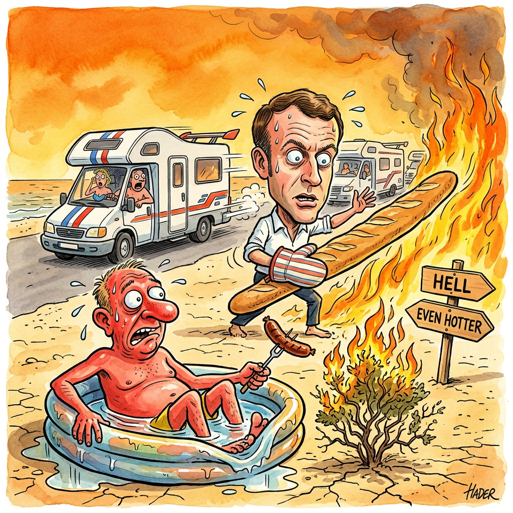 In Südfrankreich und Spanien mussten tausende Menschen ihre Campingplätze verlassen, weil riesige Waldbrände die Urlaubsregionen bedrohen. Die Feuerwehr räumte ganze Ortsteile, damit niemand als menschliches Grillhähnchen endet. Wer bisher dachte, dass 'All-Inclusive' auch die kostenlose Ganzkörper-Bräunung durch Feuerwand beinhaltet, hat sich geschnitten. Die Camper flüchten nun mit ihren Wohnwagen, die mittlerweile heißer sind als eine vergessene Pizza im Ofen. Bundeskanzler Friedrich Merz empfiehlt allen Deutschen, den Urlaub lieber im kühlen Sauerland zu verbringen, da man dort wenigstens nur nass und nicht direkt geröstet wird. In Spanien versuchen Touristen derweil, die Hitze mit Humor zu nehmen, indem sie Spiegeleier direkt auf den Motorhauben ihrer Mietwagen braten. Die Rettungskräfte haben alle Hände voll zu tun, die Urlauber davon abzuhalten, ihre brennenden Zelte als romantische Lagerfeuer zu verkaufen. Macron schaut sich das Spektakel besorgt an, während das Thermometer höher steigt als die aktuellen Butterpreise in Berlin. Am Ende bleibt den Urlaubern nur die Flucht ins Meer, wo sie hoffen, dass das Wasser nicht auch schon kocht. Wer diesen Sommer braun werden will, braucht keine Sonne mehr, sondern nur noch eine gute Fluchtroute und schnelle Beine. Der nächste Urlaub findet dann wohl am Nordpol statt, falls der bis dahin nicht auch schon dampft.