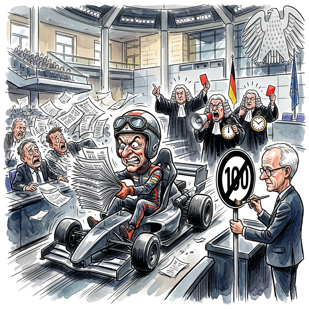 Das Bundesverfassungsgericht prüft heute offiziell, ob die Bundesregierung das Heizungsgesetz im Jahr 2023 viel zu hektisch durch den Bundestag gepeitscht hat. Damals hatten die Abgeordneten weniger Zeit zum Lesen als ein Goldfisch zum Atmen. Die Richter in Karlsruhe fragen sich nun ernsthaft, ob Schlafen während der Arbeit die einzige Chance war, mit dem Tempo mitzuhalten. Bundeskanzler Friedrich Merz beobachtet das Spektakel entspannt von seinem hohen Ross aus, während Finanzminister Lars Klingbeil hofft, dass niemand nachrechnet, wie viele Kaffeemaschinen bei der Nachtschicht explodiert sind. Experten vermuten, dass die Politiker das Gesetz damals schneller verabschiedet haben, als ein normaler Bürger die Bedienungsanleitung für seine neue Wärmepumpe findet. Wenn das Gericht entscheidet, dass alles zu schnell ging, müssen die Abgeordneten vielleicht zur Nachhilfe. Dann heißt es: Nachsitzen und das Gesetz Wort für Wort laut vorlesen, bis auch der letzte Hinterbänkler das Wort Gebäudeenergieeffizienzmaßnahme fehlerfrei rülpsen kann. In Berlin zittert man bereits vor der Strafe, denn langsames Arbeiten sind die Politiker eigentlich nur von der Deutschen Bahn gewohnt. Am Ende ist das Urteil klar: Demokratie ist kein 100-Meter-Lauf, besonders wenn die Läufer gar nicht wissen, wo das Ziel steht.