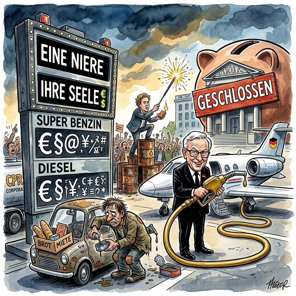 Wegen der aktuellen Unruhen in der Welt ist der Preis für Öl auf den höchsten Stand seit sechs Wochen geklettert. Die Stimmung an den Finanzmärkten ist deshalb so schlecht wie das Wetter bei einem Grillfest im Regen. Viele Anleger schauen verzweifelt auf die Preistafeln an den Tankstellen und fragen sich, ob sie ihr Auto lieber gegen einen dressierten Esel eintauschen sollten. Die Europäische Zentralbank schaut derweil zu und macht Gesichter, als hätte sie gerade in eine sehr saure Zitrone gebissen. Finanzminister Lars Klingbeil überlegt angeblich schon, ob man das Teer vom Asphalt kratzen und als Brennstoff an Heizanlagen verkaufen kann. Experten raten dazu, Aktien von Fahrradflicken-Herstellern zu kaufen oder einfach das Atmen einzustellen, um Energie zu sparen. Sogar die Reichen weinen heimlich in ihre Kaviar-Dosen, weil der Hubschrauber-Flug zum Brötchenholen nun drei Euro mehr kostet. Bundeskanzler Friedrich Merz lässt ausrichten, dass er keine Probleme mit den Preisen hat, solange sein Privatflugzeug noch genug Saft im Tank hat. Am Ende bleibt den Bürgern nur eine Hoffnung: Vielleicht wird Bier bald billiger als Diesel, dann schieben wir unsere Autos wenigstens gut gelaunt nach Hause. Die EZB wird wahrscheinlich bald die Zinsen erhöhen, damit wir uns nicht einmal mehr die Tränen zum Weinen leisten können.