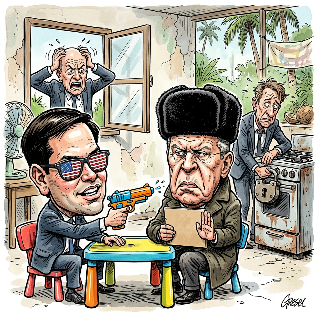 In Manila haben sich der US-Außenminister Marco Rubio und sein russischer Kollege Sergej Lawrow zum ersten Mal seit langer Zeit persönlich getroffen. Das Treffen zwischen den beiden Großmächten sollte eigentlich die Weltlage entspannen, wirkte aber eher wie ein Elternabend in einer Problemklasse. Während die EU zeitgleich neue Sanktionen gegen Russland beschloss, saßen sich Rubio und Lawrow gegenüber und starrten sich wortlos an. Es war so still im Raum, dass man sogar das leise Weinen der Diplomaten im Hintergrund hören konnte. Die Stimmung war kälter als eine Tiefkühlpizza und fast genauso hart zu verdauen. Rubio versuchte mit seinem besten Hollywood-Grinsen zu punkten, während Lawrow ein Gesicht zog, als hätte er gerade in eine Zitrone gebissen, die in Essig gebadet wurde. Die EU schickte unterdessen per Fax neue Sanktionen, die in Moskau wahrscheinlich direkt als Grillanzünder für Putins Sommerparty genutzt werden. Bundesaußenminister Johann Wadephul lobte das Treffen zwar vorsichtig, blieb aber lieber zu Hause, um seine Krawattensammlung nach Farben zu ordnen. Am Ende einigten sich die beiden Minister immerhin auf eine wichtige Sache: Das Hotel-Buffet in Manila ist definitiv besser als das in Brüssel. Ein echter Durchbruch für die Weltruhe sieht zwar anders aus, aber immerhin flogen keine Aschenbecher durch den Raum.
