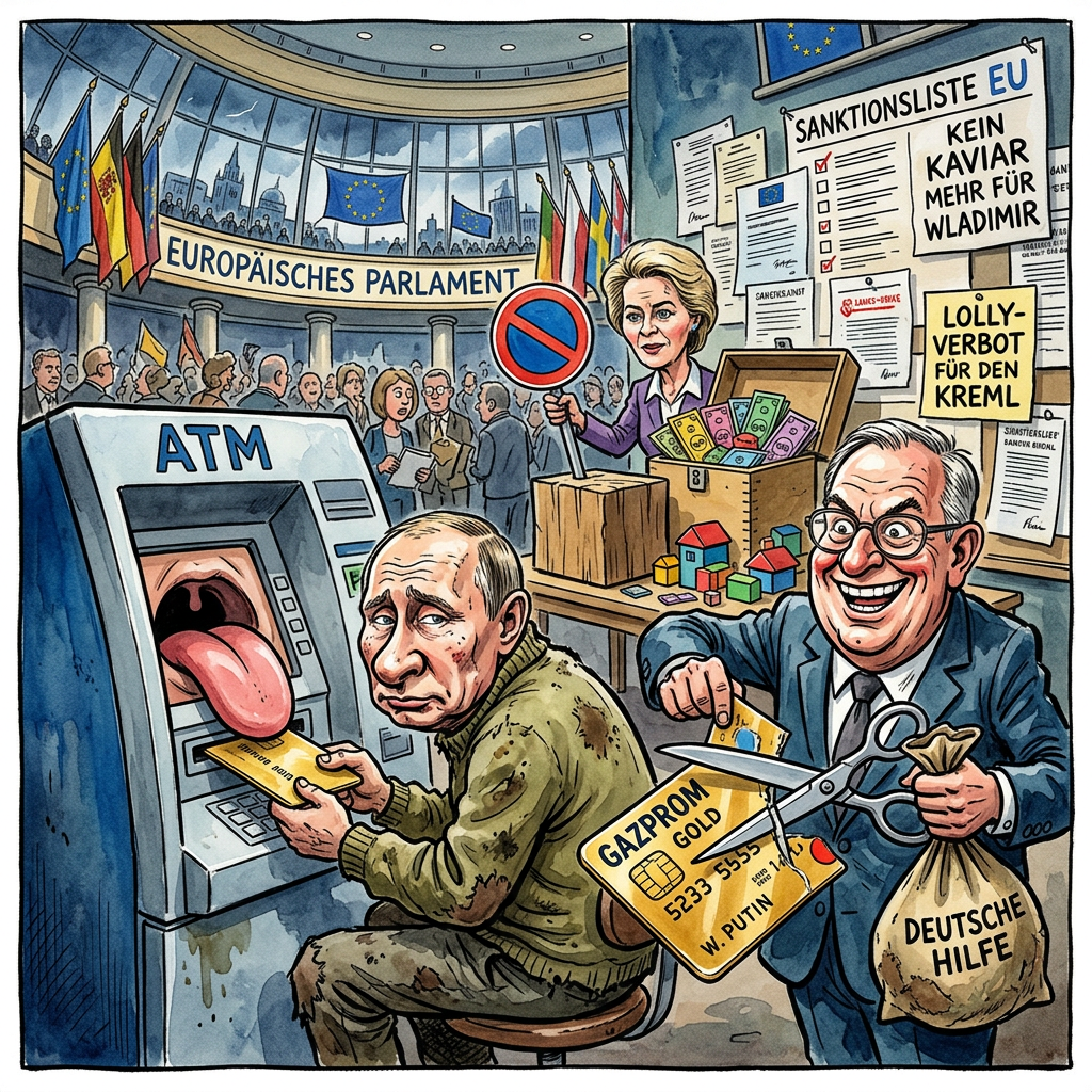 Die EU-Kommission hat das 21. Sanktionspaket gegen Russland beschlossen und zielt dabei vor allem auf den Finanzsektor ab. Ab sofort ist es russischen Banken streng verboten, Geld auch nur anzuschauen oder bei der Sparkasse nach einem kostenlosen Kuli zu fragen. Die Verhandlungen in Brüssel dauerten ewig, weil jedes Land eine eigene Liste mit Dingen hatte, die Putin nicht mehr bekommen soll. Bundesaußenminister Johann Wadephul forderte angeblich, dass Russland keine deutschen Gartenzwerge mehr importieren darf, um den strategischen Vorgarten-Vorteil zu brechen. Die EU hofft, dass Russland nun endgültig pleitegeht, weil Moskau keine Zinsen mehr auf Sparbücher bekommt, die ohnehin seit Jahren auf null stehen. Kritiker sagen, die neuen Regeln seien so hart, dass russische Oligarchen bald ihr Gold gegen zwei halbe belegte Brötchen tauschen müssen. Putin reagierte gelassen und kündigte an, sein Land würde jetzt einfach mit Muscheln und bunten Steinen bezahlen. Die EU denkt deshalb bereits über ein 22. Paket nach, das den Export von Luftschlangen und Partyhüten stoppt. So soll dem Kreml endgültig der Spaß an der Weltpolitik vergehen. Die Finanzwelt zittert nun vor dem Tag, an dem die EU auch das Verschicken von lustigen Katzenbildern nach Moskau unter Strafe stellt.