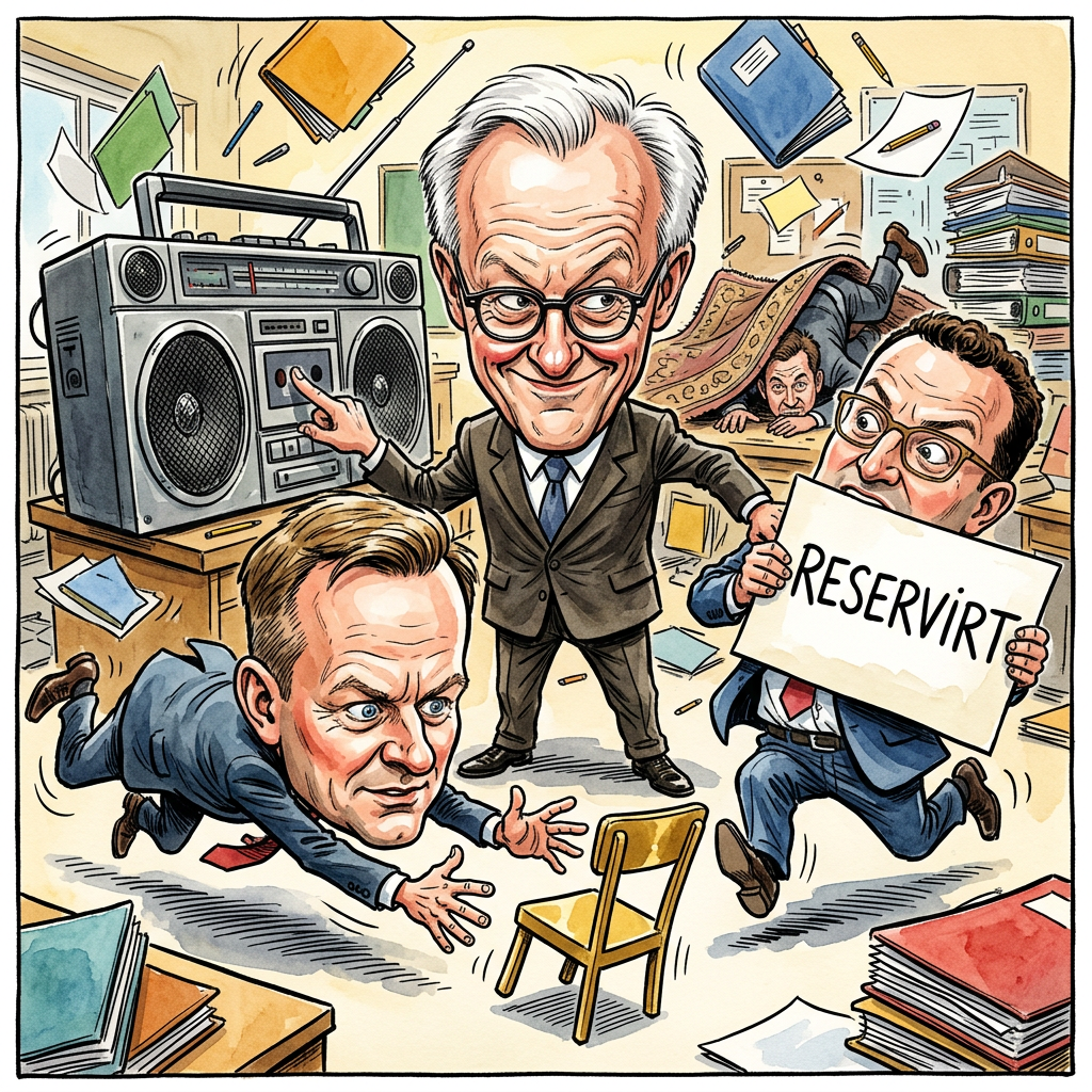 Bundeskanzler Friedrich Merz tauscht seine wichtigsten Mitarbeiter aus und macht Kanzleramtschef Thorsten Frei zum neuen Chef der Unionsfraktion. Damit muss der bisherige Fraktionsboss Jens Spahn seinen Platz räumen und bekommt vermutlich eine neue Aufgabe in der Regierung. Merz behandelt sein Kabinett aktuell wie eine alte Kiste mit Klemmbausteinen und hofft, dass die Teile beim kräftigen Schütteln endlich zusammenpassen. Bisher wirkte die Truppe eher wie eine Schulklasse, in der jeder mal vorne sitzen darf, solange er den Lehrer nicht ärgert. Friedrich Merz liebt das Spiel Reise nach Jerusalem, nur dass er am Ende immer die Musik stoppt und entscheidet, wer auf dem harten Boden landen darf. Der Kanzler braucht dringend Leute, die Ja sagen können, ohne vorher nachzudenken. Jens Spahn schaut derweil so glücklich wie ein Kind, dem man gerade das Pausenbrot gegen einen Apfel getauscht hat. Am Freitag will Merz die restliche Mannschaft sortieren und weitere Ministerposten wie bunte Sammelkarten verteilen. Wer nicht spurt, wird einfach in ein anderes Ministerium abgeschoben oder muss zur Strafe Urlaub mit Vizekanzler Lars Klingbeil machen. Es bleibt spannend, welcher Minister am Ende noch einen Stuhl hat oder wer demnächst im Flur stehen muss.