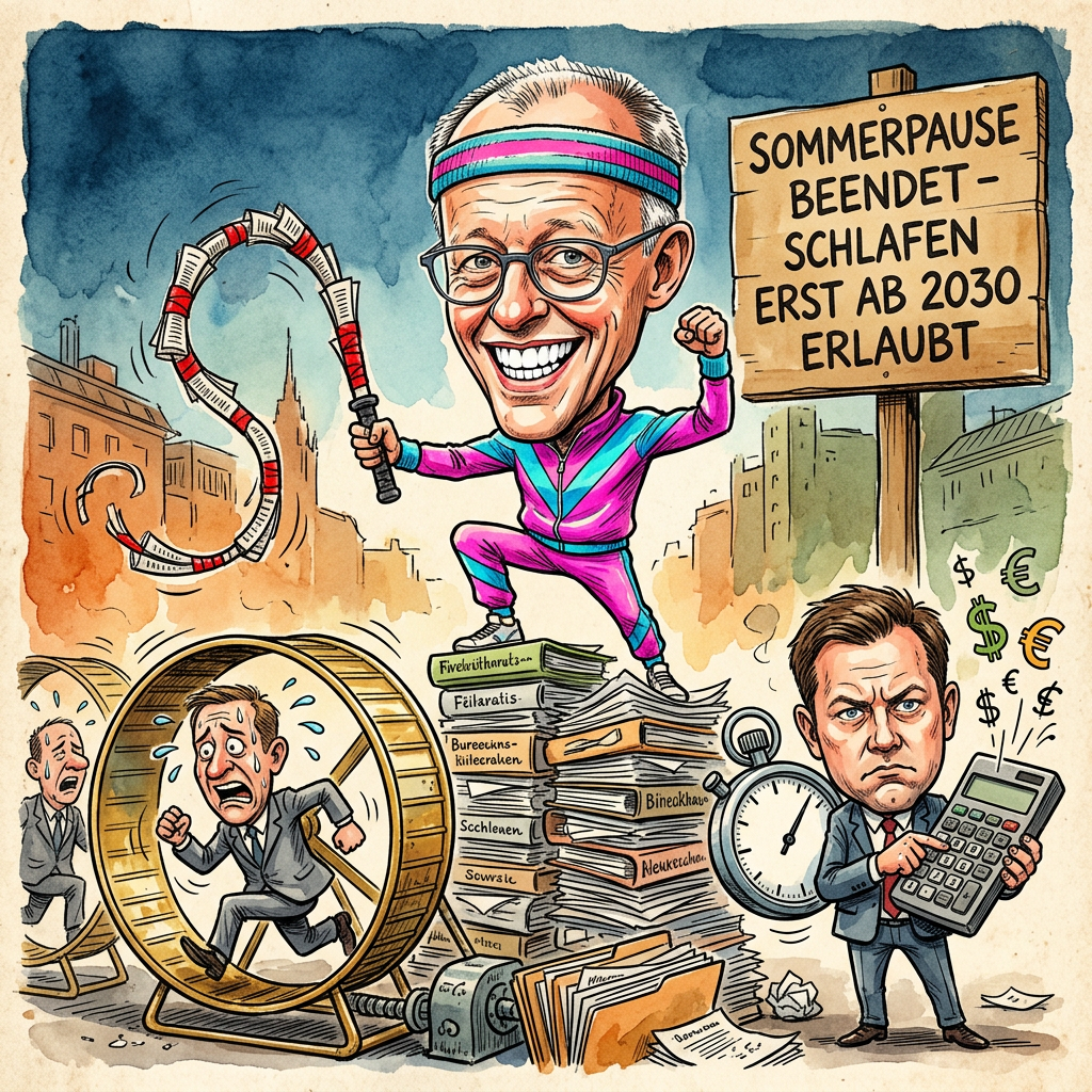 Kanzler Friedrich Merz und Finanzminister Lars Klingbeil haben ein neues Reformpaket geschnürt, um die deutsche Wirtschaft nach der Sommerpause wieder flott zu machen. Die Idee ist so einfach wie genial: Wenn die Wirtschaft schläft, muss man sie eben mit einem lauten Wecker aus dem Bett werfen. Merz möchte, dass alle Deutschen mehr arbeiten und dabei gute Laune haben, auch wenn das Konto anderer Meinung ist. Für den Kanzler bedeutet Gerechtigkeit, dass jeder die Chance bekommt, bis zum Umfallen für den Aufschwung zu schuften. Lars Klingbeil rechnet derweil im Hintergrund aus, wie viele Überstunden ein Arbeitnehmer leisten muss, damit die Staatskasse wieder glänzt. Das Paket sieht vor, dass die Menschen so viel beschäftigt sind, dass sie gar keine Zeit mehr haben, sich über die Preise im Supermarkt zu wundern. In Berlin nennt man das neue Motivation, im Rest des Landes nennt man es die Rückkehr der 60-Stunden-Woche durch die Hintertür. Wer nach Feierabend noch stehen kann, hat laut Bundesregierung einfach nicht hart genug für das Vaterland geschwitzt. Am Ende gewinnt vor allem die Fitness-Industrie, weil das Herumtragen von schweren Aktenordnern jetzt offiziell als Betriebssport zählt. Die Koalition verspricht ein neues Wirtschaftswunder, bei dem sich nur eine Frage stellt: Wer hat eigentlich das Wunder bestellt?