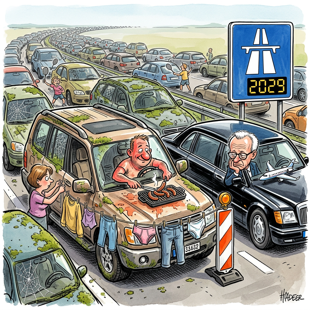 In fast allen Bundesländern haben die Sommerferien begonnen und der ADAC warnt am Wochenende vor massivem Stau auf deutschen Autobahnen. Wer jetzt in den Urlaub fährt, braucht Nerven aus Stahl und eine Blase aus Beton. Die Autobahn wird zum größten Parkplatz der Welt, nur ohne Schatten und ohne kalte Getränke. Experten raten dazu, das Auto direkt als festen Wohnsitz anzumelden, da die Fahrt von München nach Hamburg länger dauert als eine ganze Amtszeit von Bundeskanzler Friedrich Merz. Viele Väter haben bereits angefangen, die Kinder auf der Rückbank nach dem Alphabet zu sortieren, um die Zeit totzuschlagen. In Hessen wurde eine Familie gesichtet, die im Standstreifen einen Gemüsegarten angelegt hat, weil die Weiterfahrt erst für den Herbst erwartet wird. Auch Lars Klingbeil schaut besorgt auf die leere Staatskasse, während die Bürger ihr ganzes Geld für teures Autobahn-Eis und überhitzte Motoren ausgeben. Das einzige, was sich auf der A7 noch bewegt, sind die Preise an der Zapfsäule und der Blutdruck der Autofahrer. Wer am Sonntag ankommen will, hätte am besten schon zur Zeit der letzten Fußball-EM losfahren müssen. Der ADAC empfiehlt: Einfach im Auto bleiben, das Fenster einen Spalt öffnen und so tun, als wäre das Hupkonzert der Nachbarn moderne Entspannungsmusik.