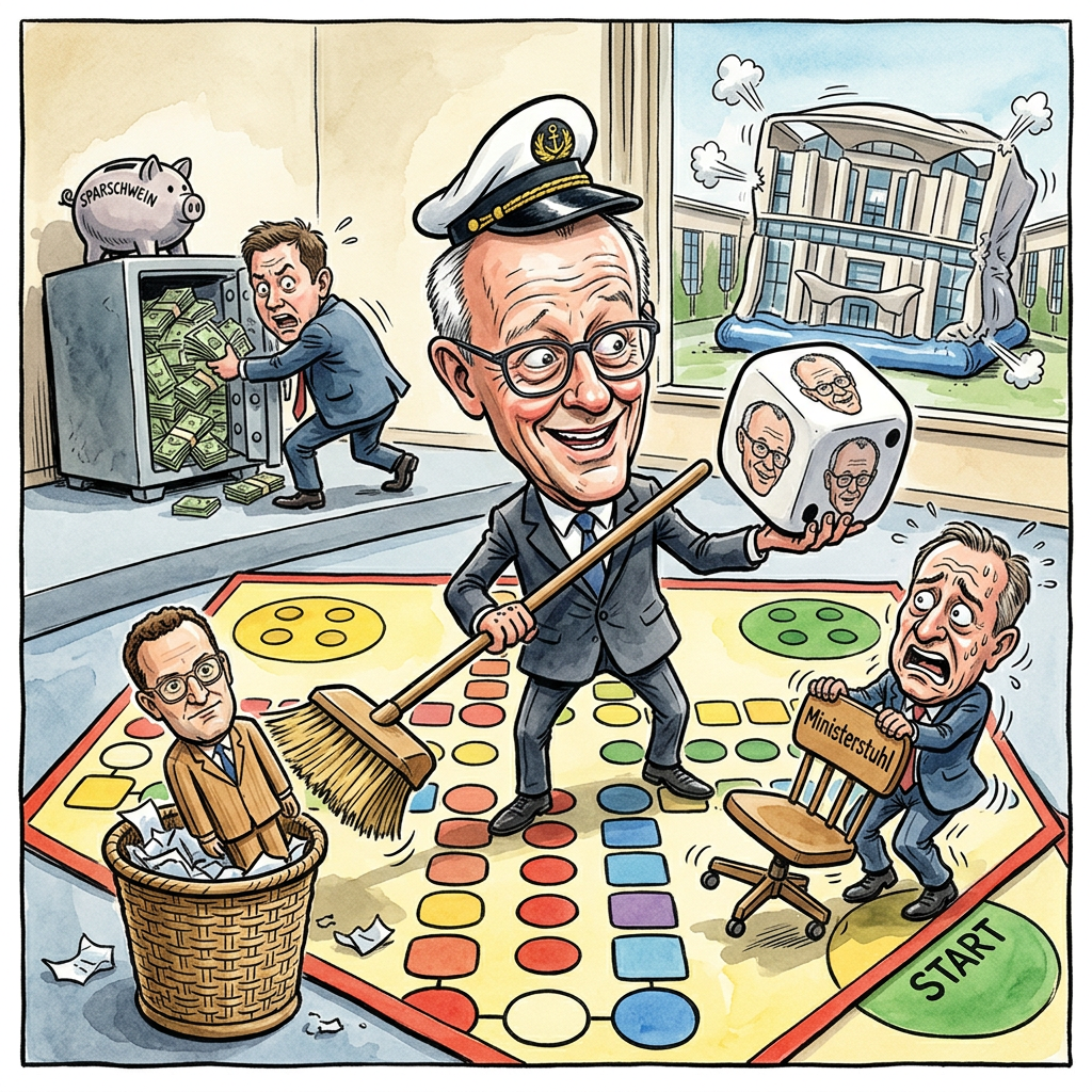Jens Spahn ist als Chef der Unionsfraktion zurückgetreten und sorgt damit für ein großes Stühlerücken in der Regierung von Friedrich Merz. In Berlin herrscht jetzt Panik wie im Reisebüro kurz vor den Sommerferien. Wer darf bleiben und wer muss seinen Schreibtisch räumen? Merz nutzt die Gunst der Stunde und sortiert sein Kabinett neu wie einen alten Werkzeugkasten. Er sucht Leute, die noch weniger widersprechen als eine Schaufensterpuppe. Während Johann Wadephul im Außenministerium krampfhaft versucht, seinen Namen auf die Türschilder zu kleben, schwitzt Lars Klingbeil im Finanzministerium. Er weiß genau, dass Merz jeden Cent zweimal umdreht, bevor er ihn sich selbst schenkt. Die neue Strategie ist klar: Wer beim Lächeln nicht genau den richtigen Winkel zu Merz einnimmt, fliegt raus. Es werden jetzt Ministerposten vergeben wie Trostpreise auf dem Jahrmarkt. Am Ende ist es egal, wer auf welchem Stuhl sitzt, solange der Bundeskanzler die Fernbedienung behält. Die Wähler freuen sich jedenfalls über die neuen Gesichter, die sie in drei Wochen sowieso wieder vergessen haben. Politik ist in Deutschland mittlerweile wie eine Castingshow, nur dass die Jury keine Ahnung hat und das Publikum am liebsten umschalten würde. Die Union verspricht frischen Wind, aber momentan riecht es im Bundestag eher nach altem Aktenstaub und Angstschweiß.