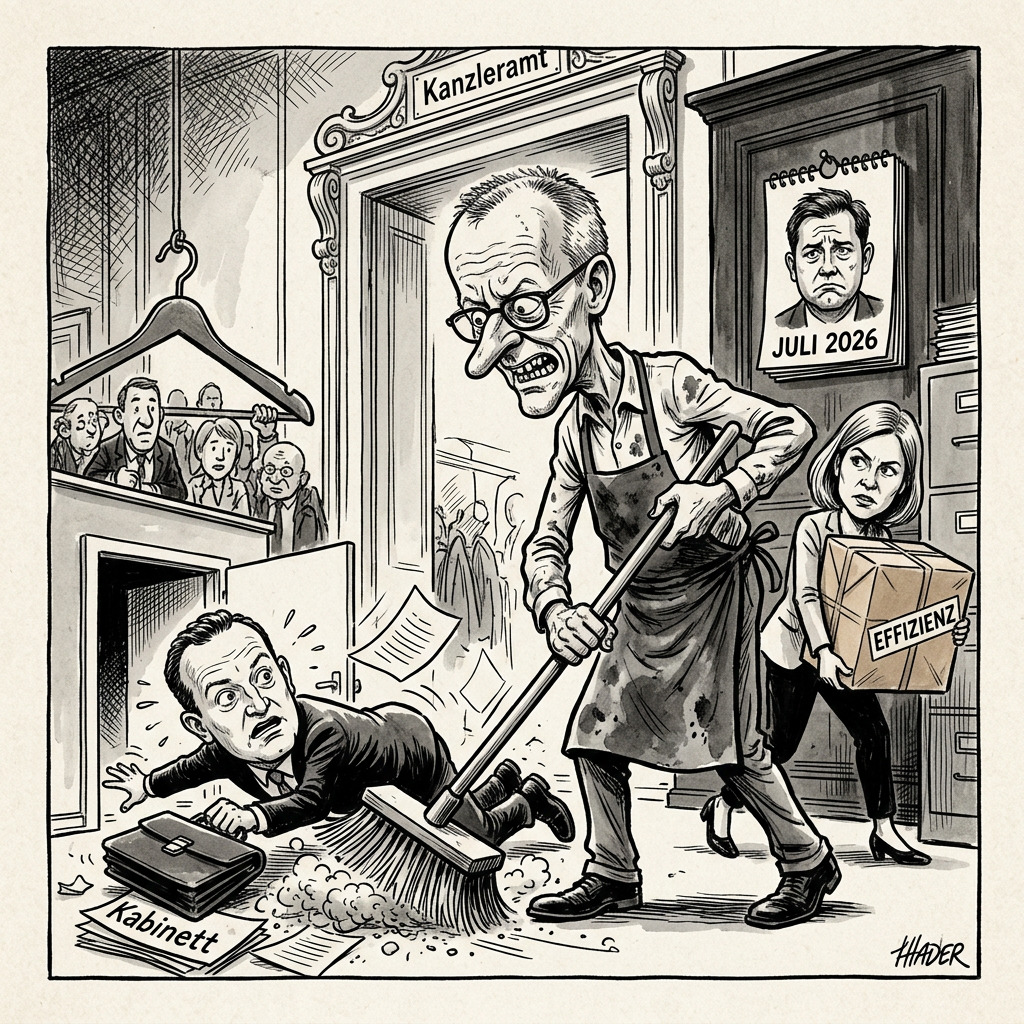 Jens Spahn verlässt das Kabinett und macht damit Platz für Nina Warken als neue Ministerin. Kanzler Friedrich Merz nutzt die Gunst der Stunde und räumt seine Regierung gründlicher auf als ein Student seine Wohnung nach einer WG-Party. Laut ARD-Korrespondent Markus Preiß ist diese Entscheidung ein dickes Lob für die Effizienz von Frau Warken. Merz hat offenbar gemerkt, dass man mit alten Kamellen keine neue Politik macht. Der Kanzler liebt Ordnung über alles, besonders wenn er dabei Minister wie Spielfiguren auf einem Brett herumschieben kann. Es ist ein echtes Wunder: In Berlin geht jemand ohne Tränen und Skandale. Für Spahn war der Rücktritt wohl wie das Ende eines langen Zahnarztbesuchs. Endlich darf er wieder Dinge tun, von denen er keine Ahnung hat, ohne dass das ganze Land dabei zuschaut. Nina Warken übernimmt nun den Posten und soll zeigen, dass man im Ministerium tatsächlich arbeiten kann, statt nur gut in Kameras zu lächeln. Friedrich Merz strahlt dabei wie ein Honigkuchenpferd, weil er nun endlich eine Truppe hat, die so spurt, wie er es will. Wer nicht passt, wird passend gemacht oder einfach freundlich vor die Tür gesetzt. Im Kanzleramt brennt jetzt nachts das Licht, weil Merz vor Freude seine neue Minister-Sammlung nach Alphabet sortiert.