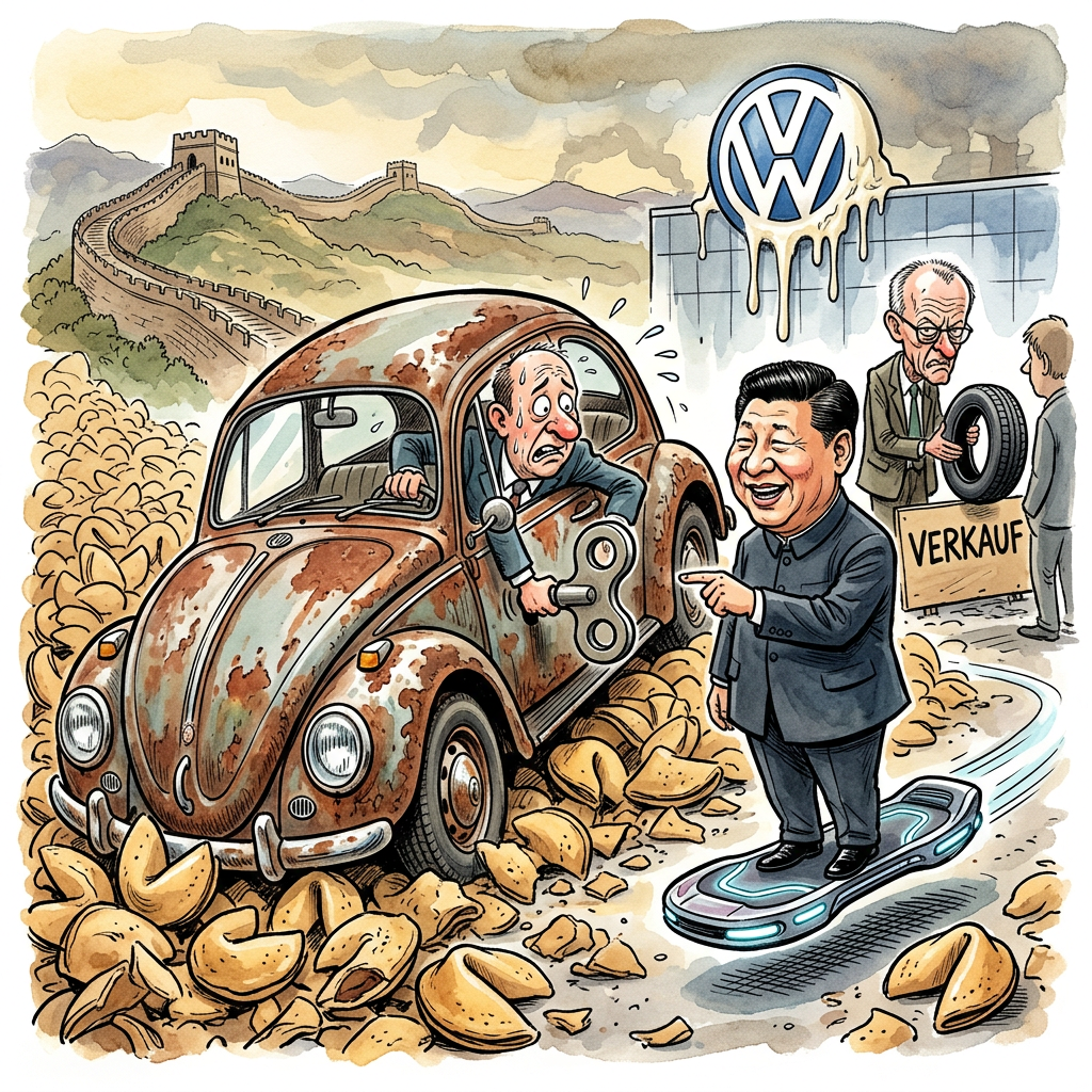 Der Autoriese Volkswagen verdient deutlich weniger Geld als letztes Jahr und senkt seine Erwartungen für die Zukunft. Besonders das Geschäft in China läuft so schlecht, dass man dort bald wohl eher Glückskekse statt Autos verkauft. Die Bosse in Wolfsburg haben nun Angst, dass das Logo bald nur noch für Völlig Wertlos steht. In China kaufen die Menschen lieber Elektroautos, die nicht klingen wie ein alter Föhn. Bei VW hingegen hofft man wohl immer noch, dass man Batterien mit Currywurst-Soße antreiben kann. Bundeskanzler Friedrich Merz schaut besorgt auf die Zahlen, während er seine eigene Limousine vorsichtshalber schon mal bergab parkt. Um Kosten zu sparen, wird bei neuen Modellen jetzt wohl am Komfort gespart. Das Lenkrad gibt es bald nur noch gegen Aufpreis und die Hupe macht nur noch ein trauriges Pieps-Geräusch. Sogar die Roboter in der Fabrik arbeiten jetzt langsamer, um Strom für die Kaffeemaschine der Chefetage zu sparen. Wenn das so weitergeht, liefert VW die Autos bald als Bausatz per Post, damit die Kunden den Frust wenigstens selbst zusammenschrauben können. Man munkelt, der nächste Golf bekommt Pedale wie ein Fahrrad, damit man wenigstens die Umweltplakette verdient.