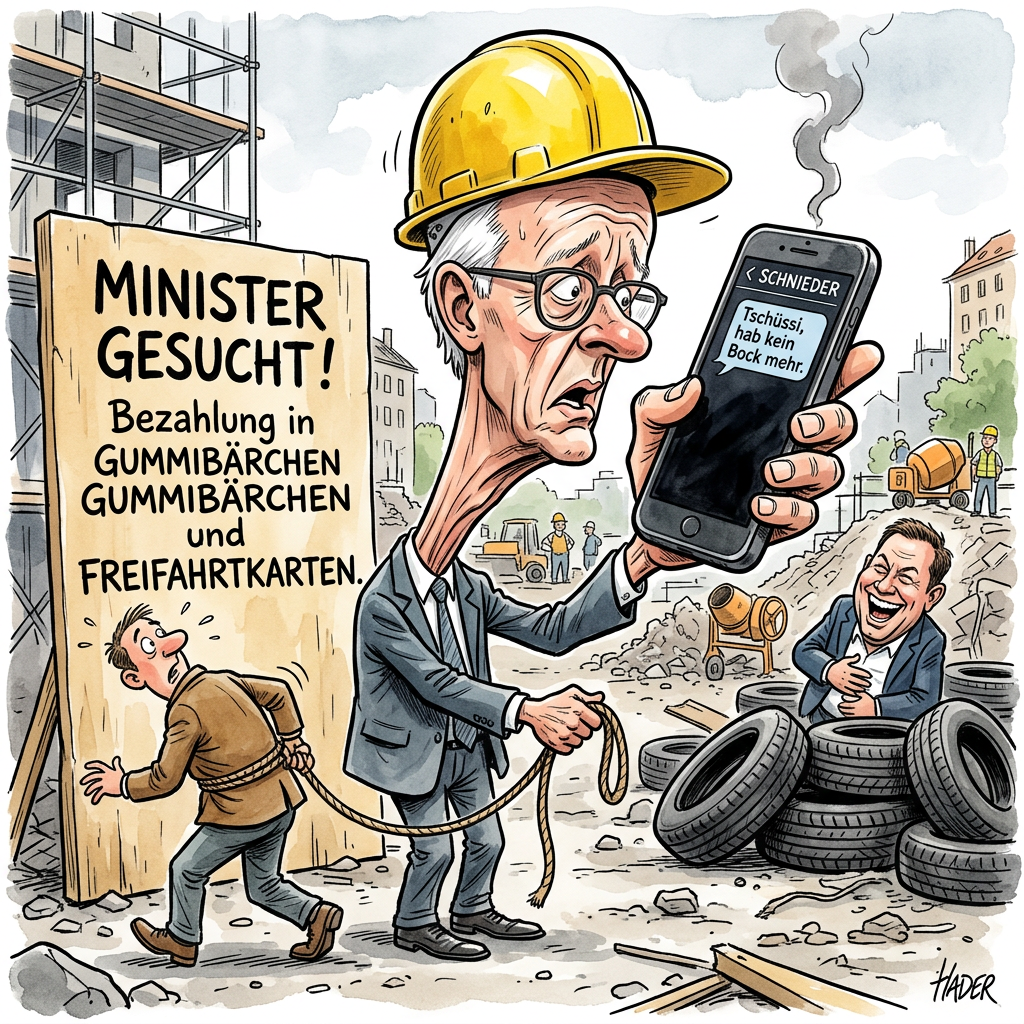 Verkehrsminister Schnieder verlässt sein Amt und hat Kanzler Friedrich Merz nur eine kurze SMS zum Abschied geschickt. Jetzt steht die Regierung ohne Chef für Schlaglöcher und Züge da, weil Merz keinen Ersatz findet. In der Union herrscht deshalb großes Chaos. Friedrich Merz schaut nun öfter auf sein Handy als ein Teenager beim ersten Date, aber niemand will den Job haben. Wahrscheinlich hat sich herumgesprochen, dass man als Verkehrsminister mehr Zeit mit Entschuldigungen für die Bahn verbringt als mit echtem Regieren. In Berlin heißt es, Merz habe sogar schon bei seinem Pizzaboten nachgefragt, ob er neben Salami auch Autobahnen liefern kann. Der Kanzler steht unter riesigem Zeitdruck, während sein Vizekanzler Lars Klingbeil von der SPD in der Ecke sitzt und sich das Lachen kaum verkneifen kann. Merz hat jetzt angeblich eine Anzeige bei eBay Kleinanzeigen geschaltet: Stelle als Minister frei, nur für Selbstabholer, Zustand gebraucht, aber glänzt noch ein bisschen. Wer zuerst kommt, darf das erste Schlagloch nach sich benennen. Sollte sich bis morgen niemand melden, will Merz das Verkehrsministerium einfach durch eine Künstliche Intelligenz ersetzen. Die KI würde zumindest nicht per SMS kündigen, sondern einfach nur abstürzen.