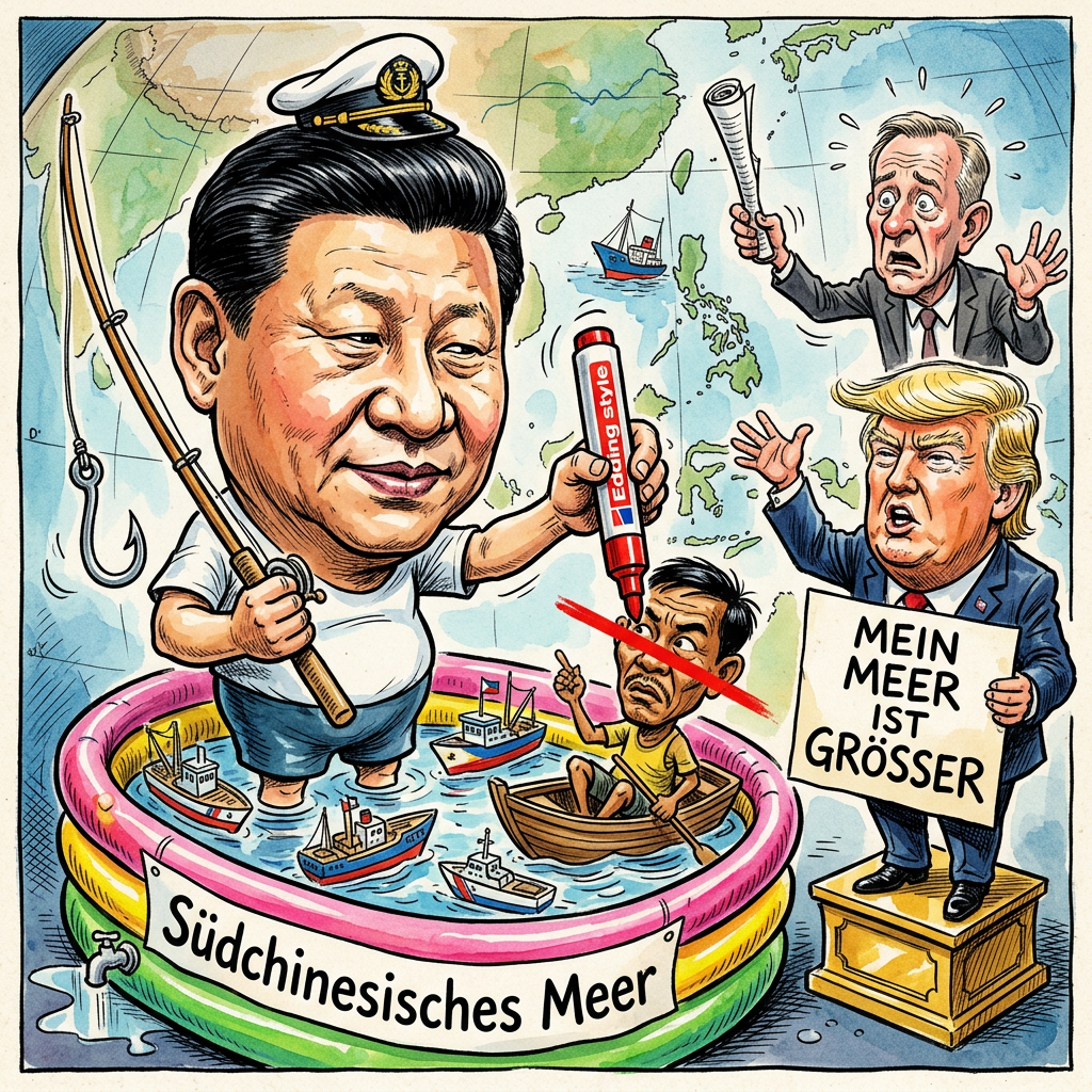 In Asien gibt es Streit, weil China fast das gesamte Südchinesische Meer als sein Eigentum betrachtet. Xi Jinping behauptet einfach, dass das Wasser ihm gehört, obwohl andere Länder wie die Philippinen dort auch fischen wollen. Das sorgt beim ASEAN-Treffen für dicke Luft und nervt auch die USA. China verhält sich wie ein Kind im Sandkasten, das alle Förmchen klaut und dann sagt, der ganze Sandkasten sei sein Kinderzimmer. Peking baut jetzt künstliche Inseln, die aussehen wie Beton-Flunder im Ozean. Als Nächstes beansprucht Xi Jinping wahrscheinlich noch das Regenwasser in unseren Dachrinnen. Donald Trump findet das gar nicht witzig, weil er dachte, er hätte die Urheberrechte auf Größenwahn gepachtet. Außenminister Johann Wadephul schaut besorgt zu, während China so tut, als wäre das Meer eine riesige Badewanne voller Goldfische. Am Ende stellen sie dort wahrscheinlich Parkuhren für Schiffe auf. Wer nicht zahlt, bekommt eine Kralle an den Anker. Xi Jinping lächelt einfach alles weg und malt auf jede Welle seinen Namen. Wenn das so weitergeht, müssen wir bald eine Eintrittskarte kaufen, nur um auf den Horizont zu gucken. Die Lage bleibt also nass und ziemlich anstrengend.