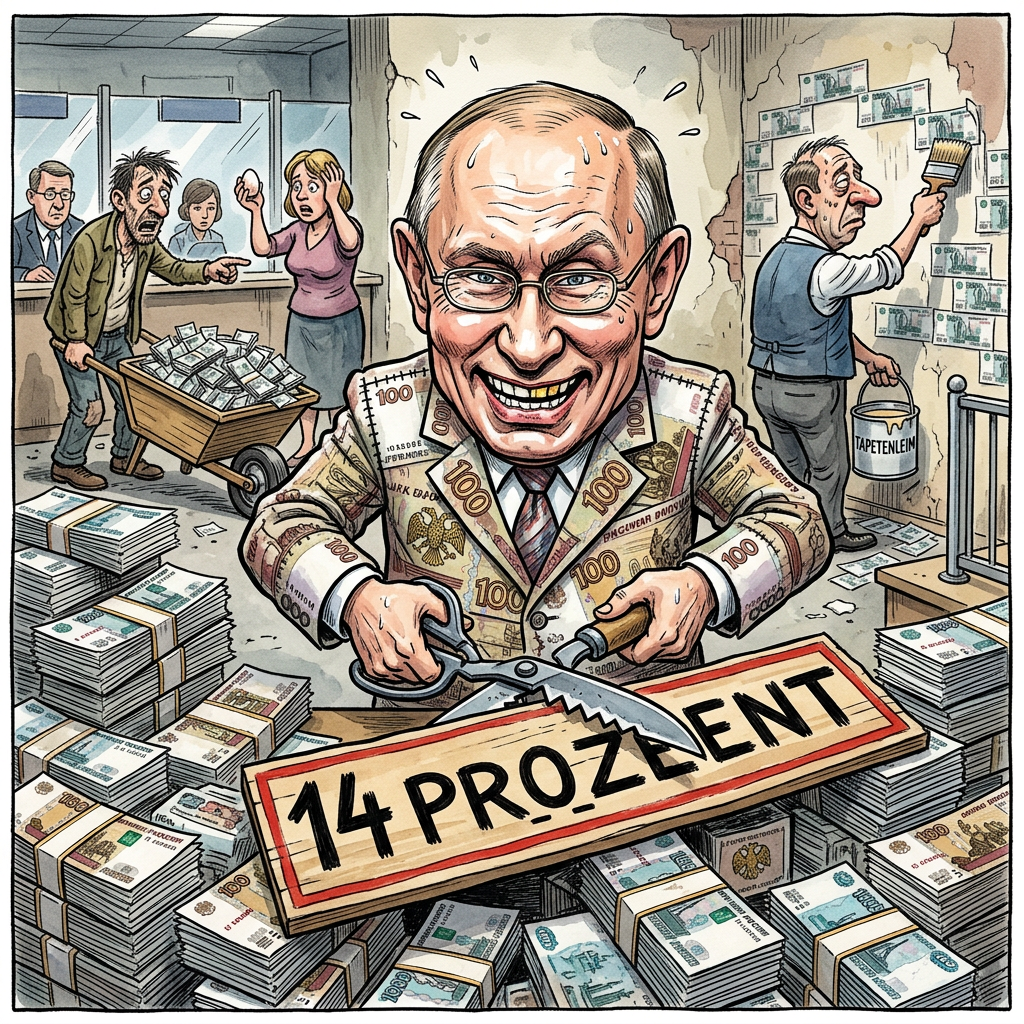 In Moskau hat die russische Zentralbank den Leitzins auf 14 Prozent gesenkt, um die schwache Wirtschaft zu retten. Putin möchte damit zeigen, dass in Russland alles super läuft, während die Preise im Supermarkt schneller klettern als ein Affe auf den Baum. Das Ziel ist klar: Wenn man den Zins senkt, sollen die Leute mehr Geld ausgeben. Das Problem ist nur, dass man für einen Sack Kartoffeln bald einen ganzen Laster voller Geldscheine braucht. Experten sagen, der Rubel ist aktuell so stabil wie ein Wackelpudding auf einem Presslufthammer. Wer heute in Russland einen Kredit aufnimmt, bekommt das Geld wahrscheinlich in einer Plastiktüte serviert, weil die Banken keine Tresore mehr für das wertlose Papier haben. Die Inflation ist so hoch, dass die Preise schon steigen, während man noch an der Kasse steht. Die Zentralbank nennt das eine mutige Strategie zur Rettung der Kaufkraft. Kritiker nennen es eher den Versuch, ein brennendes Haus mit Benzin zu löschen. Am Ende ist der Rubel vielleicht bald die einzige Währung der Welt, mit der man sich besser die Nase putzt, als damit zu bezahlen. Aber hey, immerhin sind die Zinsen niedrig.