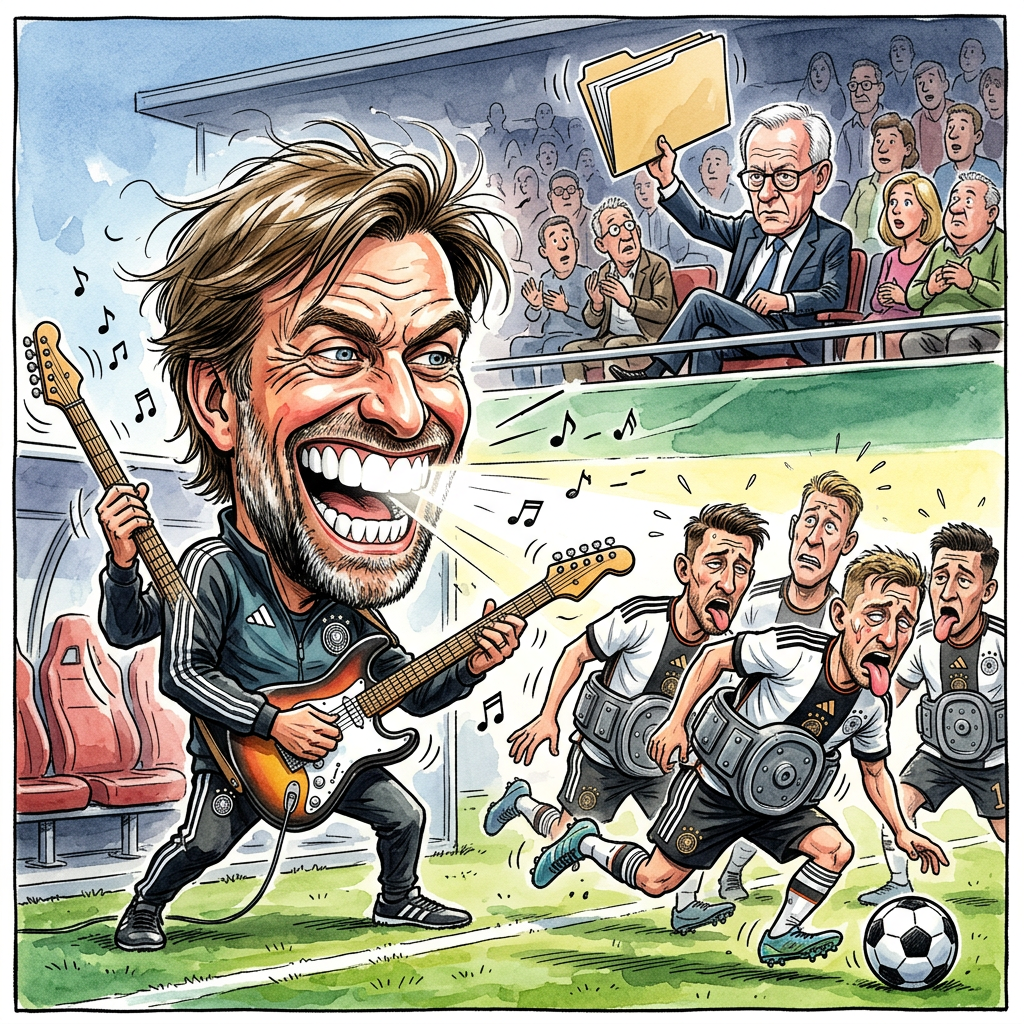 Der DFB hat Jürgen Klopp heute offiziell als neuen Trainer der deutschen Nationalmannschaft vorgestellt. Der 59-Jährige übernimmt das Amt von Julian Nagelsmann, der nach dem peinlichen WM-Aus im Sommer freiwillig den Platz räumte. Klopp unterschrieb seinen Vertrag direkt mit einem breiten Lächeln, das so hell leuchtete, dass die Flutlichtanlage im Stadion kurzzeitig abgeschaltet werden konnte. Die Fans sind begeistert, doch die Spieler zittern bereits vor der neuen Taktik. Klopp verlangt von seinen Profis vollen Einsatz in jeder Sekunde ihres Lebens. Wer beim Mittagessen nicht mindestens fünf Kilometer pro Stunde geht, bekommt sofort eine Gelbe Karte. Sogar Bundeskanzler Friedrich Merz gratulierte bereits per Videocall aus seinem Privatjet. Er hoffe, dass Klopp der Mannschaft die gleiche Disziplin beibringt, die Merz bei den Bundesausgaben zeigt. Klopp plant laut Insidern auch technische Neuerungen. Jeder Spieler bekommt ein eingebautes Gebiss-Licht, damit man Gegner nachts allein durch das Grinsen blenden kann. Wenn ein Profi zu langsam läuft, spielt das Stadion automatisch Heavy-Metal-Musik in ohrenbetäubender Lautstärke. Der neue Trainer versprach den Fans bei der ersten Pressekonferenz, dass Deutschland wieder Weltmeister wird. Zur Not renne er einfach selbst mit auf den Platz und schreie den Ball ins Tor. Die Ära der Schlafwagen-Fußballer ist damit offiziell beendet.