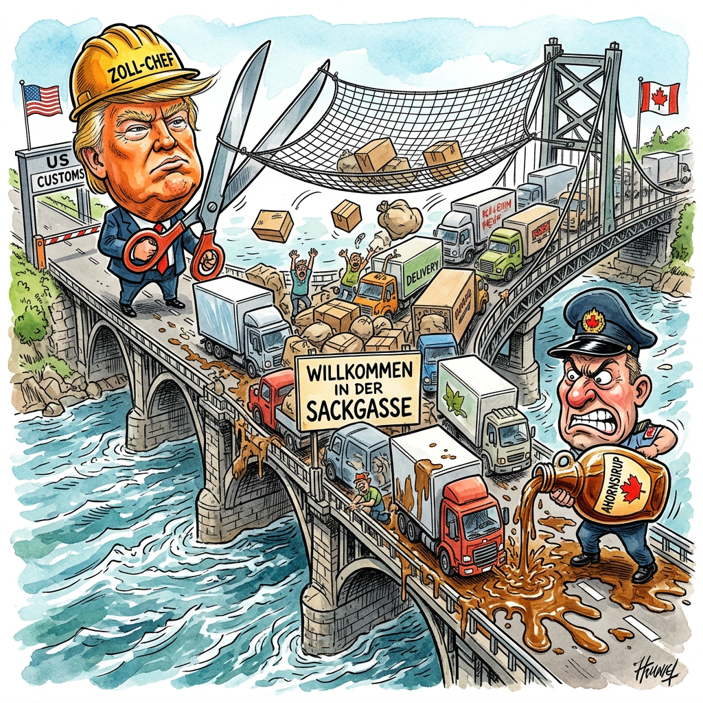 Zwischen Kanada und den USA ist die neue Gordie-Howe-Brücke fertig geworden. Die riesige Fahrbahn über den Detroit River sollte eigentlich die Freundschaft stärken. Jetzt nutzt man den Neubau vor allem, um sich Zölle schneller um die Ohren zu hauen. US-Präsident Donald Trump feierte das Bauwerk als Weltwunder, kurz bevor er ankündigte, alles aus Kanada mit extra hohen Preisen zu bestrafen. Die Brücke ist so modern, dass die LKW im Stau jetzt sogar WLAN haben, während sie auf die neuen Zollbeamten warten. Kanada antwortete prompt und baute symbolisch eine kleine Mauer aus Ahornsirup-Dosen am Ende der Fahrbahn auf. Man wollte sich eigentlich näherkommen, steht sich jetzt aber nur effizienter im Weg. Die Autofahrer freuen sich besonders: Sie können nun aus dem Fenster lehnen und die Nachbarn auf der anderen Seite viel deutlicher beschimpfen als früher. Die Brücke verbindet also nicht die Herzen, sondern nur die Wut. Fachleute sagen, es sei die teuerste Möglichkeit der Welt, um sich gegenseitig den Stinkefinger zu zeigen. Wahrscheinlich wird der nächste Schritt ein Mauthäuschen sein, das nur Goldmünzen oder Komplimente für Donald Trump akzeptiert. So bleibt das Verhältnis zwischen den Nachbarn stabil auf dem Gefrierpunkt, aber wenigstens ist der Asphalt neu.