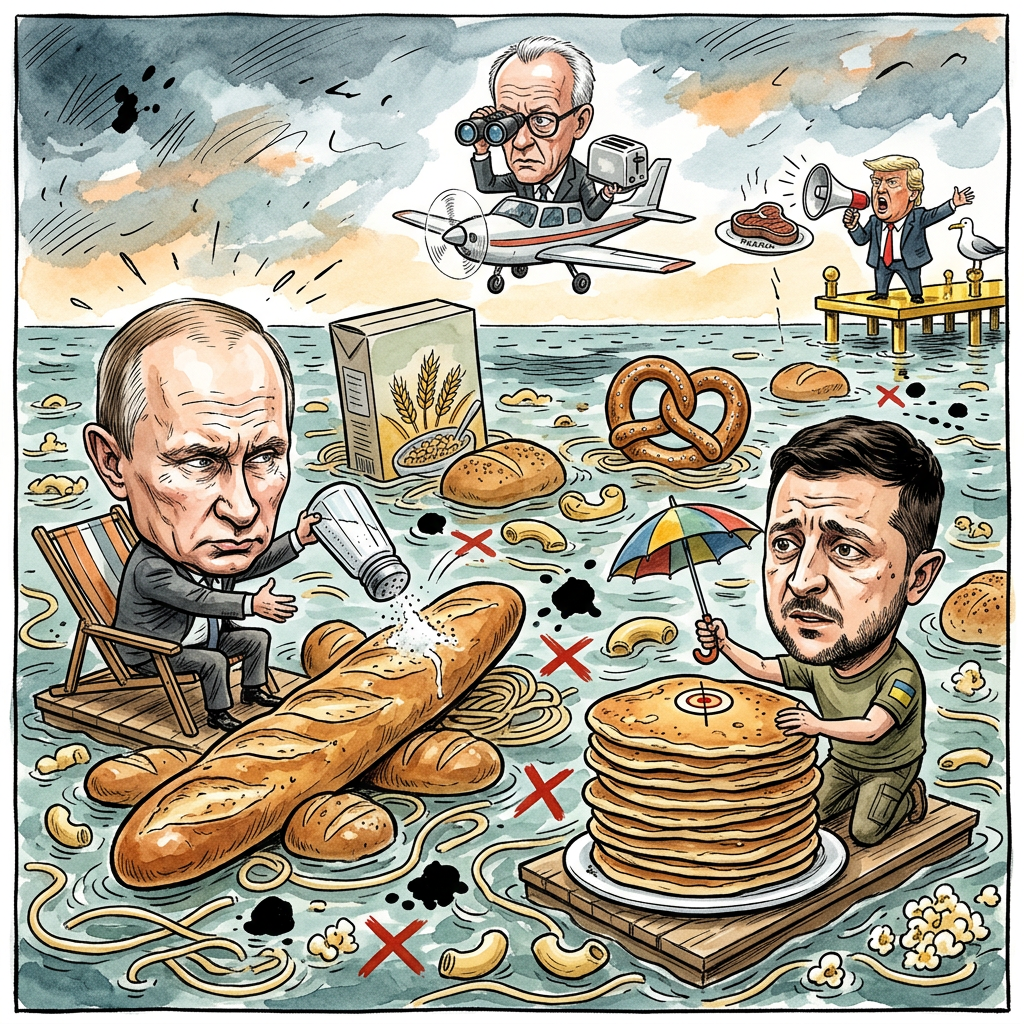 In der Ukraine und auf dem Schwarzen Meer greifen sich beide Seiten gegenseitig Schiffe an und gefährden so die weltweiten Getreide - Lieferungen. Die Lage ist ernst, denn ohne das Getreide aus der Region wird das Brötchen bald teurer als ein gebrauchter Kleinwagen. Aktuell beschießen sich Russland und die Ukraine so heftig auf dem Wasser, dass die Fische im Meer wahrscheinlich schon freiwillig Panade anlegen. Wladimir Putin blockiert den Hafen von Odessa, weil er offenbar hofft, dass die Welt ohne Müsli endlich klein beigibt. Wolodymyr Selenskyj antwortet mit Angriffen auf die russische Geisterflotte, was die Sache für den Bäcker um die Ecke auch nicht leichter macht. Bundeskanzler Friedrich Merz beobachtet das Spektrum mit Sorge und überlegt vermutlich schon, ob man Haferflocken zur Not per Privatjet einfliegen kann. US-Präsident Donald Trump hat auch eine Lösung parat: Er will das Meer einfach mit einer Mauer aus Cheeseburgern abriegeln. Am Ende sitzen wir alle da und kauen auf unseren Tischkanten, während die Weltpolitik den Weizen als Munition benutzt. Wenn das so weitergeht, wird die Butterfahrt bald durch eine Mehl-Safari ersetzt. Hoffentlich einigt man sich bald, sonst müssen wir unsere Pizza demnächst aus Pappe basteln, was geschmacklich für manche wahrscheinlich kaum einen Unterschied macht.