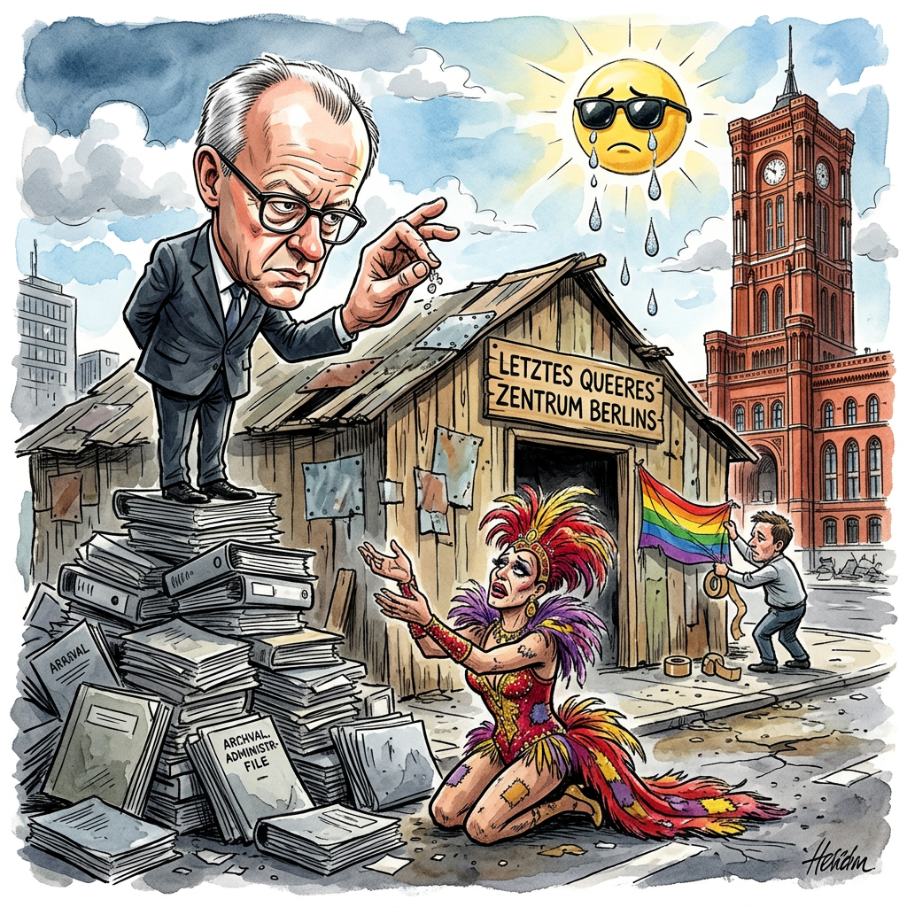 In Berlin feiern Hunderttausende den Christopher Street Day, während viele kleine queere Vereine gleichzeitig vor dem finanziellen Aus stehen. Die Lage ist ernst, denn Mieten steigen schneller als die Laune auf dem Wagen. Bundeskanzler Friedrich Merz findet das Problem überschaubar. Er glaubt offenbar, dass man Diskriminierung einfach weglächeln kann, solange man eine Krawatte trägt. Die Stadtverwaltung spart so hart, dass Regenbogenfahnen bald nur noch aus alten Finanzamtsbescheiden gebastelt werden dürfen. Kleine Beratungsstellen kämpfen ums Überleben, während die Politik ihnen warme Worte statt harter Euro schickt. Man kann von Konfetti allein eben keine Miete zahlen, außer der Vermieter ist ein Einhorn. Lars Klingbeil schaut derweil im Finanzministerium so tief in die leeren Kassen, dass er fast das Echo seiner eigenen Sparversprechen hört. Wenn es so weitergeht, findet der nächste CSD in einer ausgebauten Telefonzelle statt, weil für mehr der Platz nicht reicht. Berlin ohne queere Kultur wäre wie eine Currywurst ohne Sauce: Trocken, langweilig und irgendwie voll daneben. Am Ende bleibt den Clubs nur die Hoffnung, dass Glitzerstaub plötzlich als offizielles Zahlungsmittel für die Grundsteuer anerkannt wird.