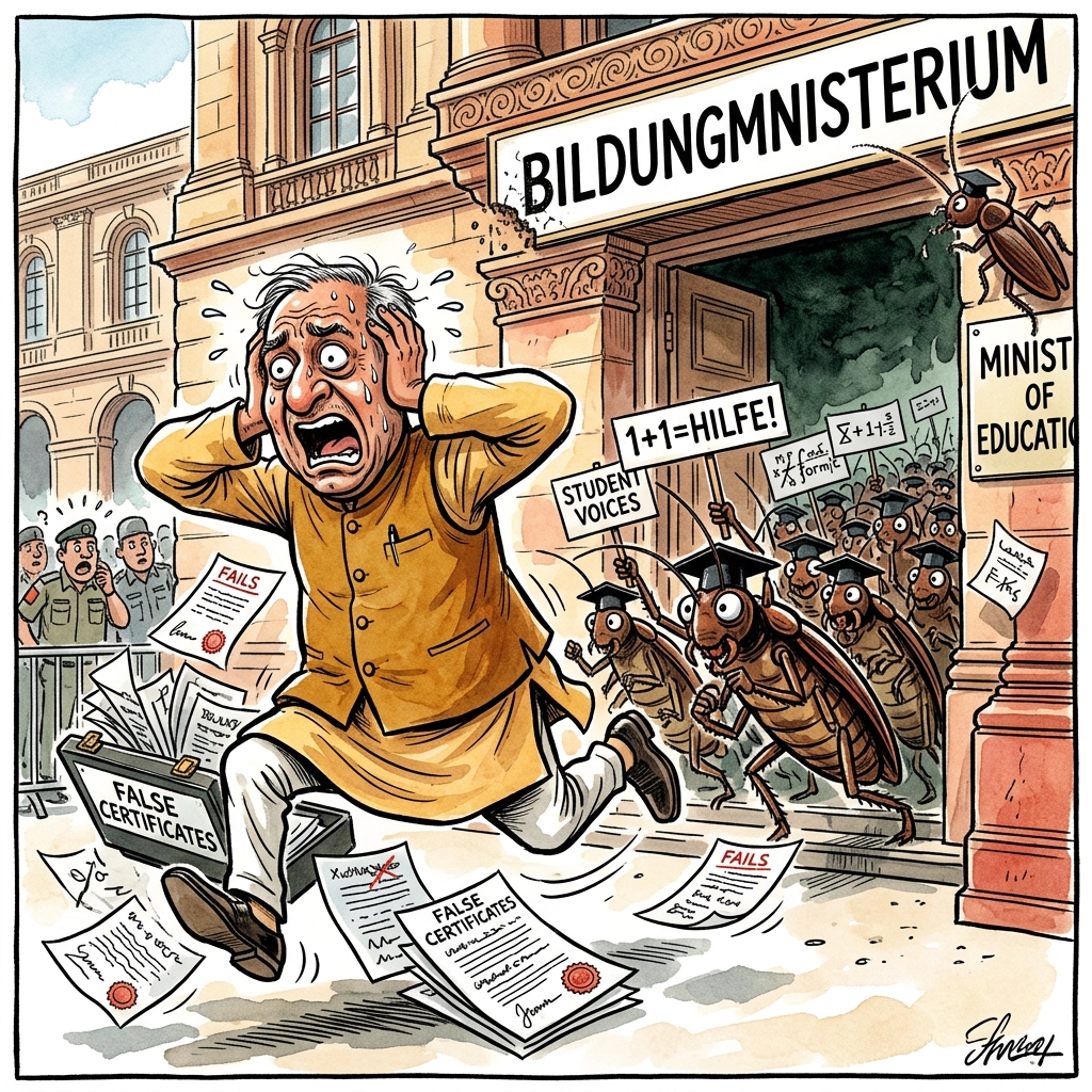 In Indien ist der Bildungsminister zurückgetreten, nachdem zehntausende Studenten der Kakerlaken-Bewegung gegen Chaos bei Hochschulprüfungen protestiert hatten. Die Demonstranten wussten genau, wie man Politiker vertreibt. Kakerlaken überleben zwar eine Atombombe, aber offenbar keinen indischen Korruptionsskandal. Der Minister sah die Krabbeltiere auf den Straßen und dachte wohl, das seien die Noten seiner Studenten: klein, braun und überall dort, wo es stinkt. Da er die Prüfungsfragen wohl seltener gesehen hat als ein sauberes Klohäuschen, zog er jetzt die Reißleine. Sein Rücktrittsschreiben war kurz und knapp, genau wie seine Amtszeit. Wahrscheinlich hatte er Angst, dass die Demonstranten ihm echte Kakerlaken in den Aktenkoffer setzen. Ein Sprecher der Regierung sagte, man suche nun jemanden, der zumindest den Unterschied zwischen einem Multiple-Choice-Bogen und einem Pizzakarton kennt. Die Studenten feiern ihren Sieg derweil mit Insektenspray und Tanzmusik. Sie hoffen nun auf einen Nachfolger, der Prüfungen besser organisieren kann als eine Kakerlake ihr Mittagessen im Müllhaufen. Indien atmet auf, nur die Kammerjäger sind jetzt arbeitslos. Wer hätte gedacht, dass man für echte Reformen in der Politik einfach nur krabbeln muss.