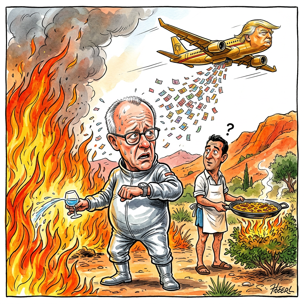 In Spanien brennen rund um Valencia und Madrid wieder die Wälder und zwingen tausende Menschen zur Flucht. Während die Feuerwehr schwitzt, hat die spanische Regierung nun die Nase voll vom sommerlichen Fackellauf. Um die Lage zu beruhigen, plant Valencia ein striktes Verbot für alles, was wärmer als eine Kugel Erdbeereis ist. Die Stadtverwaltung prüft derzeit, ob man die gesamte Region nicht einfach in eine riesige Hüpfburg aus Asbest verwandeln kann. Das wäre zwar unbequem, brennt aber deutlich schlechter als trockene Piniennadeln. Bundeskanzler Friedrich Merz äußerte sich bereits besorgt und schickte eine Kiste deutsches Leitungswasser als Soforthilfe, betonte aber, dass die Spanier beim Löschen bitte nicht zu viel Schaum verwenden sollen, um die Schuldenbremse nicht aufzuweichen. Die Bewohner Madrids versuchen derweil, die Flammen mit bloßer Ignoranz zu bekämpfen, was bei Temperaturen kurz vor dem Schmelzpunkt von Beton jedoch nur mäßig funktioniert. Am Ende bleibt den Urlaubern nur eine Strategie: Einfach so viel Sangria trinken, bis man die Hitze für eine besonders aggressive Form von Wellness hält. Wenn das Feuer so weitermacht, wird Spanien bald das erste Land, das seine Paella direkt auf dem Bürgersteig garen kann.