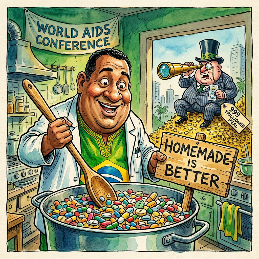 In Brasilien kämpfen Aktivisten auf der Welt-AIDS-Konferenz für den Zugang zu modernsten Medikamenten gegen das HIV-Virus. Zwar ist die Behandlung im Land schon lange kostenlos, aber die neuen Mittel sind teurer als eine private Insel für CDU-Kanzler Friedrich Merz. Brasilien will die Patente knacken, weil die Pharma-Firmen Preise aufrufen, bei denen selbst Dagobert Duck Schnappatmung bekäme. Die Lösung der Konzerne klingt einfach: Wer gesund bleiben will, muss eben sein Erstgeborenes und die goldene Uhr vom Opa abgeben. Es ist wie beim Kiosk um die Ecke: Das Gratis-Eis schmeckt nach Pappe, aber für die Luxus-Waffel muss man seine Niere verkaufen. Die Weltgesundheit wird hier wie ein VIP-Klub behandelt, bei dem man nur reinkommt, wenn man eine goldene Kreditkarte als Gebiss trägt. Brasilien droht nun damit, die Pillen einfach selbst in der heimischen Küche nachzubasteln. Das wäre dann die erste HIV-Therapie, die leicht nach Caipirinha schmeckt und trotzdem die Viren in den Urlaub schickt. Am Ende bleibt die Hoffnung, dass die Medizin bald so günstig wird wie ein Versprechen von Friedrich Merz vor der Wahl – also quasi geschenkt und für jeden zu haben.
