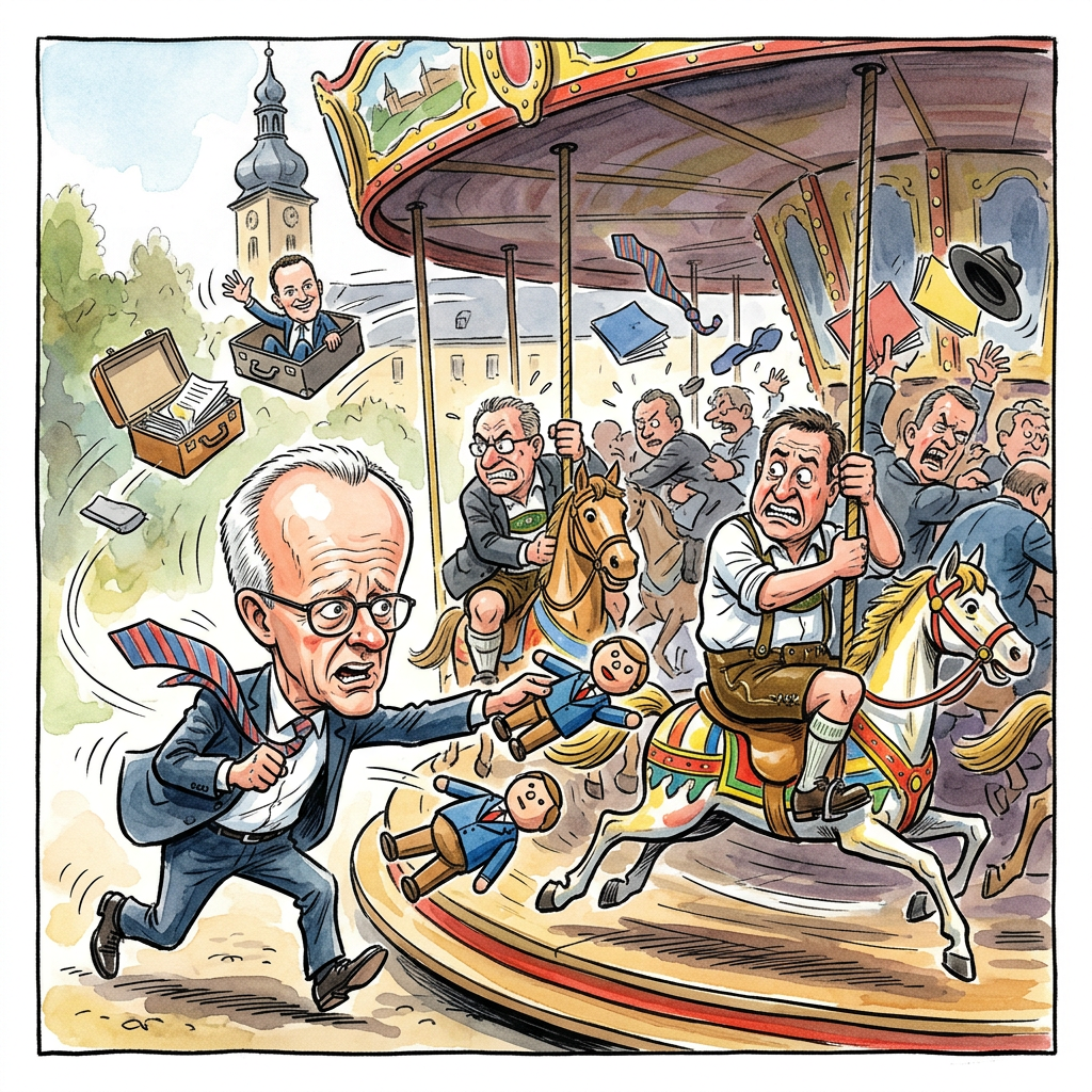 In Bayern treffen sich die CSU-Abgeordneten im Kloster Banz zur Krisensitzung nach dem Rücktritt von Fraktionschef Spahn. Eigentlich wollten die Politiker in der bayerischen Provinz nur über die Weltlage grübeln. Doch das plötzliche Stühlerücken in Berlin macht den Ausflug zum Stress-Wochenende. Während Bundeskanzler Friedrich Merz in Berlin verzweifelt nach neuem Personal sucht, üben die CSU-Leute das Stillsitzen. Die Stimmung ist so angespannt, dass die Politiker beim Mittagessen Angst haben, kurz aufzustehen. Wer zur Toilette geht, findet bei der Rückkehr oft ein leeres Zimmer oder einen neuen Chef an seinem Platz vor. Wer früher geht, verliert seinen Posten, und wer bleibt, muss vielleicht arbeiten. Sogar das Kloster-Personal hält sich vorsichtshalber an den Tischbeinen fest. Das Buffet bleibt dieses Jahr unberührt, weil niemand riskieren will, für ein Häppchen seine Karriere zu opfern. Die CSU zeigt mal wieder, dass sie am besten funktioniert, wenn alle gleichzeitig versuchen, den anderen den Platz wegzunehmen. Am Ende gewinnt wahrscheinlich derjenige, der den meisten Kleber an der Hose hat oder einfach am lautesten Nein ruft.