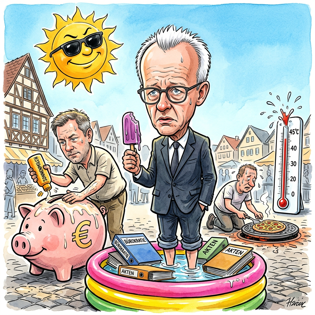 In Deutschland kündigt sich eine massive Hitzewelle an, bei der Temperaturen bis zu 39 Grad und extrem warme Nächte erwartet werden. Meteorologen warnen außerdem vor einer hohen Waldbrandgefahr im ganzen Land. Bundeskanzler Friedrich Merz reagierte sofort und prüft bereits, ob man die Sonnenstrahlen als Überstunden der Natur versteuern kann. Die Deutschen bereiten sich derweil auf das neue Klima vor. In Berlin-Mitte wurde der erste Mann gesichtet, der sein Spiegelei direkt auf der Motorhaube eines Dienstwagens brät. Das spart Strom und schont die Staatskasse. Die Deutsche Bahn hat vorsorglich angekündigt, dass die Klimaanlagen pünktlich zum Hitzestart in den Streik treten, um Energie für den Winter zu sparen. Wer nachts bei 30 Grad im Schlafzimmer liegt, muss nicht mehr verzweifeln. Man muss es positiv sehen: Man spart sich den teuren Mallorca-Urlaub, wenn das Schlafzimmer sich bereits wie eine finnische Sauna anfühlt. Sogar Bundespräsident Steinmeier wurde dabei beobachtet, wie er seine Amtskette gegen ein gefrorenes Handtuch eintauschte. Wenn es so weitergeht, wird Sonnencreme bald zur neuen Währung und wir tauschen Schutzfaktor 50 gegen eine warme Leberkässemmel. Bleiben Sie locker, außer Ihre Schuhsohle schmilzt auf dem Asphalt fest.