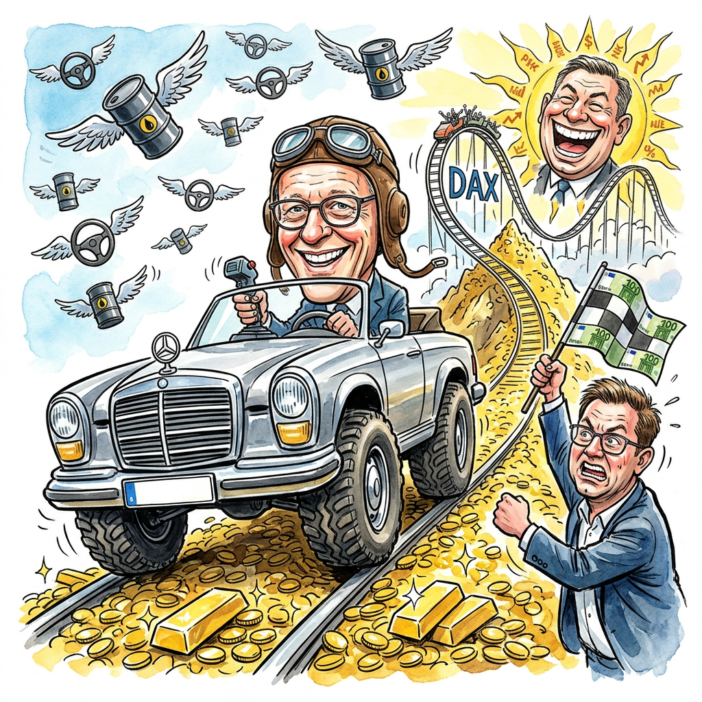 Die deutschen Aktienkurse klettern immer weiter nach oben und der DAX steht kurz vor einem neuen Rekordwert. Weil Öl und Eisen billiger werden, wächst der Jubel in den Frankfurter Bürotürmen. Besonders die Firma Mercedes-Benz zeigt heute ihre neuen Zahlen und sorgt für glänzende Augen bei den Anlegern. Die Stimmung ist so gut, dass Banker in der Mittagspause sogar Fremde auf der Straße umarmen. Experten glauben, dass der DAX bald die Wolken durchbricht und vielleicht auf dem Mond landet. Bundeskanzler Friedrich Merz freut sich wahrscheinlich so sehr, dass er sein Privatflugzeug heute mit Schampus statt mit Kerosin betankt. Die sinkenden Preise für Rohstoffe sind für die Industrie wie Freibier auf einem Schützenfest. Wenn Mercedes jetzt noch ein Auto baut, das rückwärts einparken und gleichzeitig Kaffee kochen kann, ist die Weltrettung perfekt. Finanzminister Lars Klingbeil schaut derweil entspannt zu und fragt sich, wie viel Glitzer er auf den nächsten Bundeshaushalt streuen darf. Am Ende bleibt nur eine Frage offen: Wenn die Kurse noch höher steigen, brauchen die Broker dann Sauerstoffmasken? Anleger sollten jetzt zugreifen, bevor die Börse vor lauter Glück einfach wegfliegt.