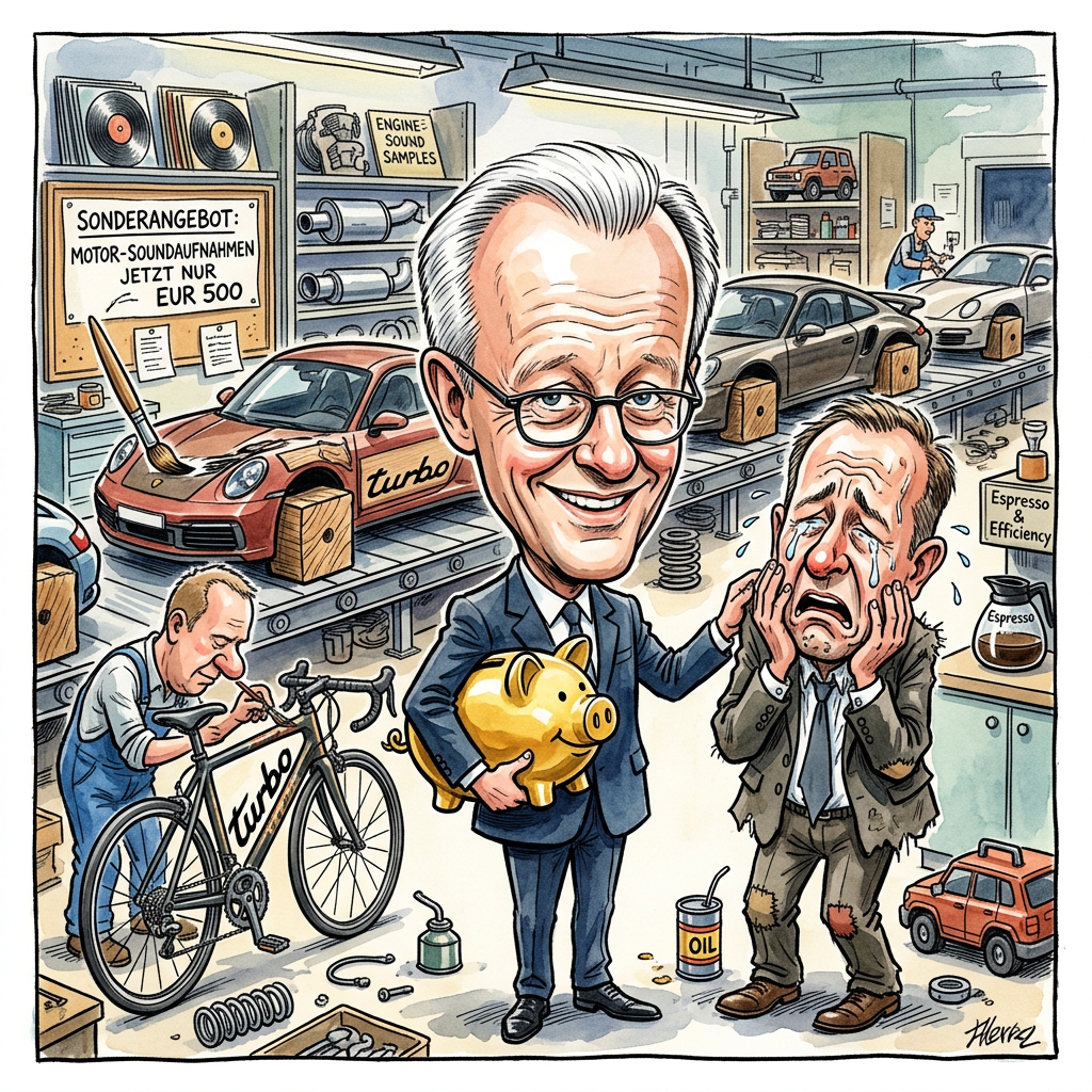 Der Sportwagenbauer Porsche muss wegen der Krise in der Autoindustrie kräftig sparen und hat die Belegschaft in Zuffenhausen über neue Maßnahmen informiert. Die Stimmung im Werk ist trotzdem prächtig, denn Porsche spart nicht am Motor, sondern am Schicksal der Kunden. Wer sich keinen Neuwagen mehr leisten kann, darf jetzt für zehn Euro Eintritt am Werkszaun schnuppern. Das nennt sich Erlebnis-Sparen. In der Kantine wurde der Hummer durch Nudeln mit Ketchup ersetzt, was die Mechaniker freut, da man Ketchup leichter von den Blaumännern abwischt. Bundeskanzler Friedrich Merz lobte den Fokus auf Leistung. Er findet es gut, wenn Millionäre auch mal den Gürtel enger schnallen, solange der Gürtel aus feinstem Kalbsleder bleibt. Die größte Ersparnis bringt jedoch eine neue Technik: Die Blinker wurden komplett ausgebaut. Porsche-Fahrer nutzen die sowieso nie, und das spart wertvolles Plastik für die Produktion von überteuerten Schlüsselanhängern. Die Krise ist also fast vorbei. Zumindest so lange, bis Lars Klingbeil merkt, dass man auf Pommeshütten keine Luxussteuer erheben kann. Am Ende bleibt die Erkenntnis: Ein Porsche ist auch ohne Gold-Aschenbecher noch schnell genug, um vor der Realität davonzufahren.