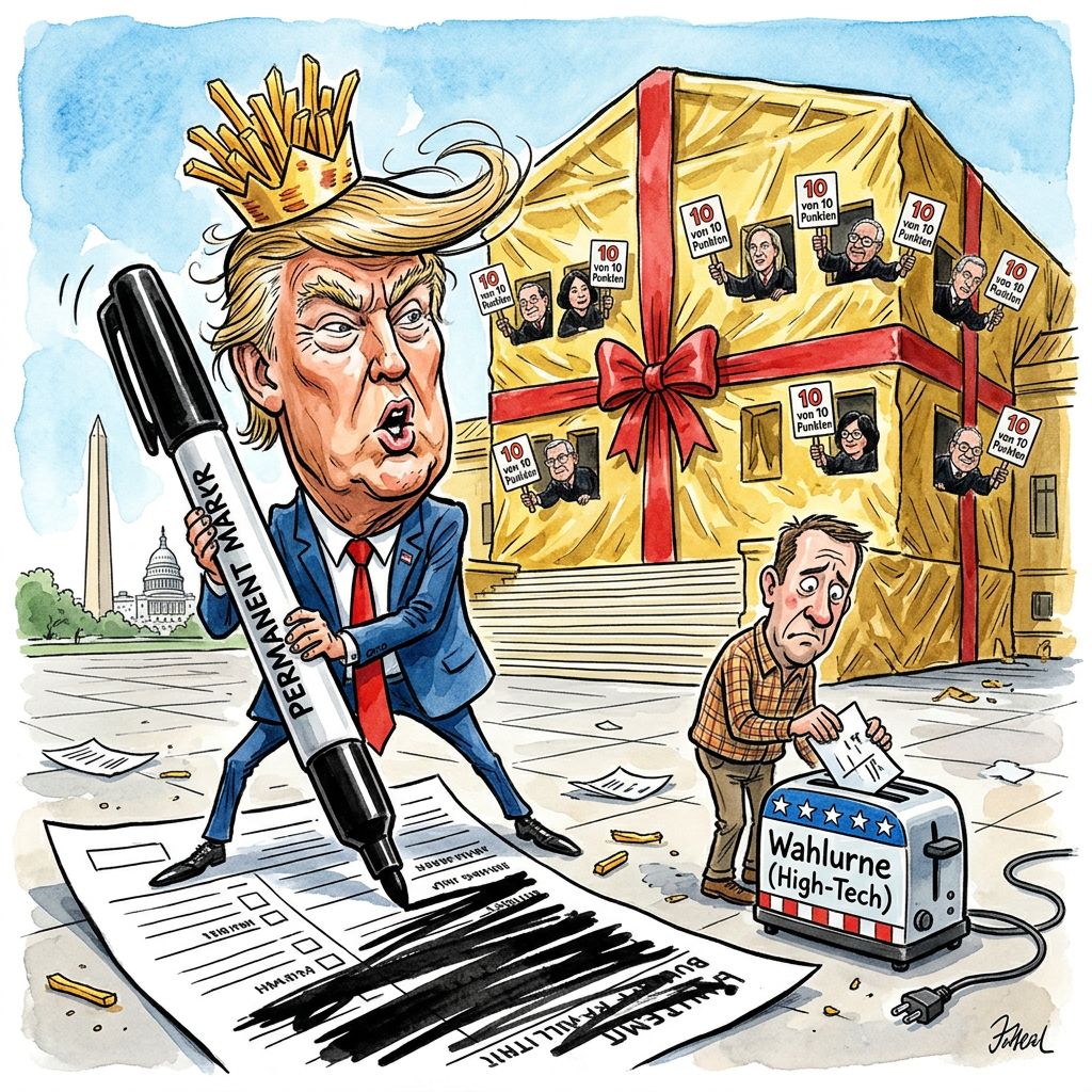 US-Präsident Donald Trump will per Eilantrag vor dem Supreme Court neue und strengere Regeln für die anstehenden Kongresswahlen durchsetzen. Er ist sauer, weil ein Gericht seine Ideen vorher gestoppt hat. Trump findet Wahlrecht generell unfair, wenn am Ende nicht sein Name auf jedem Zettel steht. Sein Plan für die Demokratie ist so simpel wie genial. Er möchte, dass nur noch Leute wählen dürfen, die seinen Namen ohne Rechtschreibfehler tanzen können. Wer keinen roten Schlips trägt oder weniger als drei Schichten Sprühbräune im Gesicht hat, soll direkt wieder nach Hause gehen. Zur Sicherheit will er die Wahlurnen durch goldene Tresore ersetzen, für die nur er den Schlüssel hat. Wenn Trump könnte, würde er die Stimmzettel wahrscheinlich direkt mit seinem Edding selbst ausfüllen, um den Bürgern die lästige Arbeit zu ersparen. Friedrich Merz schaut derweil besorgt zu und fragt sich, ob man das Briefwahlgeheimnis in Deutschland nicht auch durch ein persönliches Gespräch im Sauerland ersetzen könnte. Am Ende entscheidet nun der Supreme Court, ob Amerika eine Demokratie bleibt oder ein riesiger Golfplatz mit nur einem einzigen Mitglied wird. Die Richter haben schon signalisiert, dass sie Goldtöne bei der Inneneinrichtung eigentlich ganz schick finden.