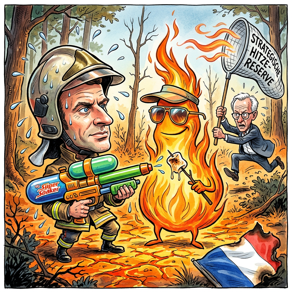 In Frankreich und Spanien kämpfen Tausende Einsatzkräfte gegen riesige Waldbrände und vermelden jetzt endlich erste Erfolge. Die Feuerwehrleute haben das Feuer so gut im Griff, dass sie die Flammen fast schon mit Vornamen ansprechen können. Die Hitze ist allerdings so extrem, dass Wasserwerfer jetzt schon flüssiges Eis verkaufen könnten. Ein Sprecher vor Ort erklärte, dass die Lage sich bessert, die Schweißperlen der Retter aber inzwischen die Größe von Tennisbällen haben. Das größte Problem bleibt die neue Hitzewelle, die so nah ist, dass man sein Mittagessen einfach auf den Bürgersteig legen kann. Bundeskanzler Friedrich Merz beobachtet die Lage genau und überlegt schon, ob man die Wärme nicht per Rohrleitung nach Deutschland schicken kann, um Heizkosten zu sparen. In Spanien hofft man derweil, dass die nächste Hitzewelle wenigstens eine Sonnencreme-Flatrate mitbringt. Experten raten dazu, im Wald keine Wunderkerzen zu zünden oder wütend auszuatmen. Wenn es so weitergeht, wird der nächste Regen in Europa direkt als heißer Tee vom Himmel fallen. Die Einsatzkräfte bleiben optimistisch, solange ihre Stiefelsohlen nicht am Asphalt kleben bleiben.