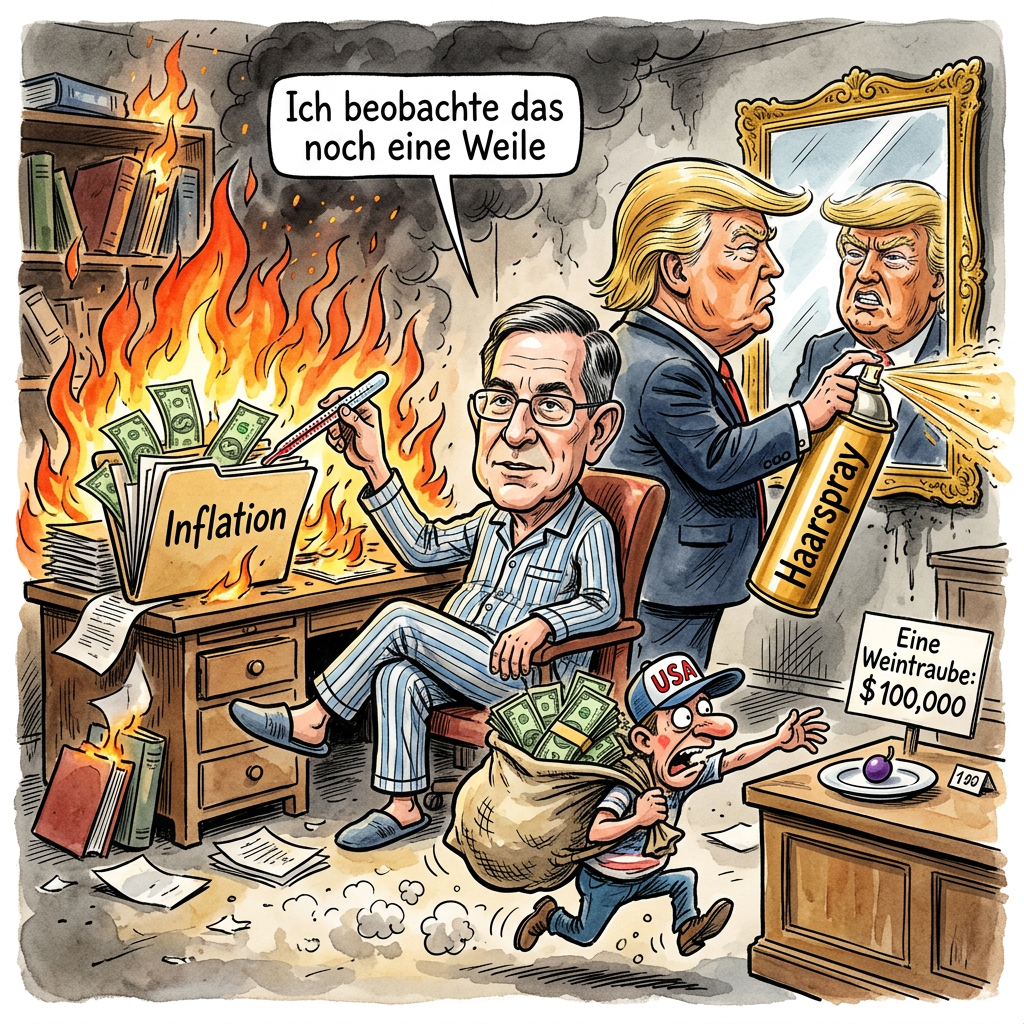 In den USA hat die Notenbank Fed erneut gezögert, die Zinsen wegen der steigenden Inflation rechtzeitig anzupassen. Notenbank-Chef Warsh warnt zwar laut vor den Risiken, aber er bewegt sich so viel wie eine Statue im Stadtpark. Das Vorgehen erinnert an das Jahr 2021, als man auch dachte, das Problem mit den Preisen würde sich von selbst erledigen. Es ist so, als würde man zusehen, wie die eigene Küche brennt, und erst mal in Ruhe ein Buch über Brandbekämpfung lesen. Warsh schaut auf die Kurven wie ein Kaninchen auf die Schlange, während die Bürger beim Einkaufen bald einen Kleinkredit für eine Packung Eier brauchen. Präsident Donald Trump fordert derweil ohnehin lieber Gold statt Papiergeld, am besten mit seinem eigenen Gesicht drauf. Die Experten rätseln nun, ob die Notenbanker einfach nur extrem entspannt sind oder schlicht die Batterien in ihren Taschenrechnern leer sind. Wenn die Zinsen nicht bald steigen, wird der US-Dollar bald weniger wert sein als das Papier, auf dem die schlechten Nachrichten gedruckt stehen. Am Ende bleibt die Hoffnung, dass die Inflation einfach keine Lust mehr hat und von alleine wieder auszieht.