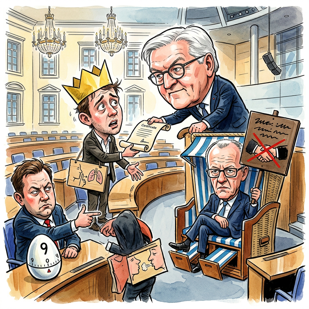 Bundespräsident Frank-Walter Steinmeier ernennt heute neue Minister, doch die offizielle Vereidigung im Bundestag soll erst nach der Sommerpause im September stattfinden. Das sorgt für Verwirrung im Berliner Regierungsviertel. Kanzler Friedrich Merz möchte offenbar, dass seine neuen Kollegen erst einmal im Homeoffice üben, bevor sie ihre Hand auf das Gesetzbuch legen. Man nennt das jetzt wohl Regieren auf Vorkasse. Die neuen Minister haben zwar die Ernennungsurkunde vom Bundespräsidenten in der Tasche, dürfen im Bundestag aber noch nicht einmal den Kopierer bedienen. Es ist wie beim Bestellen im Internet: Das Paket ist zwar da, aber man hat das Passwort für die Inbetriebnahme vergessen. Bis September sind die neuen Minister wie Statisten in einem Film, die zwar ein Kostüm tragen, aber keinen Text haben. Vizekanzler Lars Klingbeil schaut derweil entspannt zu, wie die Neulinge versuchen, ohne offiziellen Schwur wichtig auszusehen. Wahrscheinlich hofft die Regierung, dass bis zum Herbst niemand merkt, wenn einer der Minister beim Aktenlesen einschläft. Bis dahin gilt die Devise: Wer nicht feierlich geschworen hat, darf bei Fehlern auch sagen, er sei nur der Praktikant mit dem großen Dienstwagen gewesen. So spart man sich im Sommerloch wenigstens den Stress mit der Opposition.