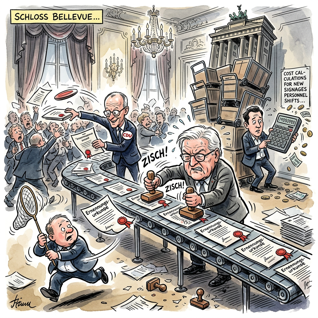 Bundespräsident Steinmeier hat im Schloss Bellevue drei neue Minister ernannt und drei alte nach Hause geschickt. Eine Ministerin bekam sogar zwei Zettel gleichzeitig, weil die Regierung ihre Ämter schneller wechselt als andere Leute ihre Socken. Bundeskanzler Friedrich Merz beobachtete das Spektakel mit einem breiten Lächeln, als hätte er gerade eine ganze Fabrik im Sonderangebot gekauft. Die Stimmung war festlich, aber hektisch wie beim Schlussverkauf am Wühltisch. Steinmeier musste so viele Urkunden unterschreiben, dass sein Füller zwischendurch um eine Pause bat. Die entlassenen Minister sahen aus wie Schulkinder, denen man in der großen Pause das Pausenbrot weggenommen hat. Vizekanzler Lars Klingbeil stand daneben und versuchte, die Ausgaben für die neuen Türschilder im Kopf zu überschlagen. Merz scheint das Kabinett jetzt nach dem Prinzip Reise nach Jerusalem zu führen, nur dass am Ende immer ein CDU-Politiker auf dem Stuhl sitzt. Die Neuen versprachen sofort Besserung, während die Alten schon nach den Zugangsdaten für ihr Arbeitslosengeld fragten. Berlin bleibt also spannend: Wer heute geht, kommt morgen vielleicht als Praktikant wieder.