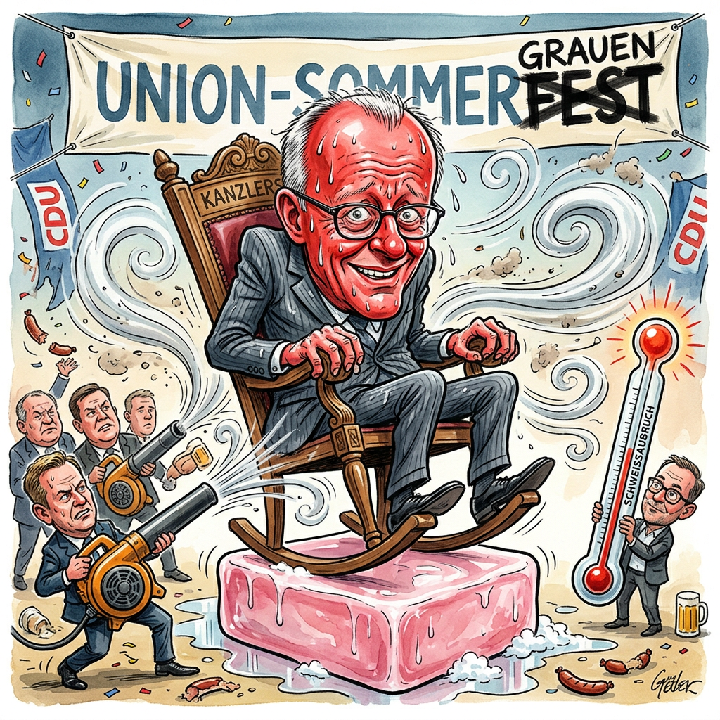 Kanzler Friedrich Merz erlebt laut seinem Parteikollegen Georg Schwarte einen Sommer des Grauens, während die CDU-Fraktion Thorsten Frei zum neuen Chef gewählt hat. Eigentlich sollte die Wahl von Frei für Ruhe sorgen, doch in der Union brennt die Hütte lichterloh. Friedrich Merz klebt an seinem Sessel wie ein altes Kaugummi, während seine eigenen Leute schon die Säge rausholen. Wenn er den Raum betritt, gucken die Landesverbände weg wie Schulkinder beim Dealer. Merz versucht krampfhaft, cool zu wirken, aber sein Lächeln sieht eher aus wie ein verklemmter Toaster kurz vor dem Kurzschluss. Selbst die treuesten Wahlkämpfer fragen sich mittlerweile, ob sie für den Kanzler oder für ein Auslaufmodell plakatieren. Die CDU ist wie eine WG, in der alle wollen, dass Friedrich endlich auszieht, er aber so tut, als hätte er den Mietvertrag auf Lebenszeit unterschrieben. Frei soll nun die Scherben zusammenkehren, die Merz täglich produziert. In der Partei tuscheln sie schon, dass man Merz bald mit dem Kran aus dem Kanzleramt heben muss. Am Ende bleibt die Erkenntnis, dass ein Kanzler ohne Rückhalt in der eigenen Truppe so nützlich ist wie eine Solaranlage im Keller bei Nacht.