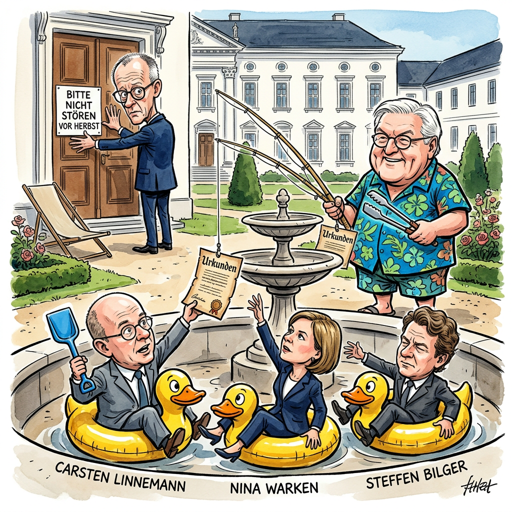 Bundespräsident Steinmeier hat die CDU-Politiker Nina Warken, Steffen Bilger und Carsten Linnemann offiziell zu neuen Ministern ernannt. Doch wer jetzt denkt, die drei würden sofort an die Arbeit gehen, kennt den deutschen Terminkalender schlecht. Die feierliche Vereidigung soll erst im September stattfinden, weil vorher scheinbar noch ganz viel Sommerpause im Weg steht. Das ist so, als würde man einen Feuerwehrmann einstellen, der aber erst nach dem nächsten Waldbrand mit dem Löschen anfängt. Bundeskanzler Friedrich Merz findet das Warten wahrscheinlich super, denn Minister, die noch nicht im Amt sind, können auch noch keine Fehler machen. Die Opposition tobt natürlich vor Wut, während die neuen Minister ihre Dienstwagen wahrscheinlich schon mal im Katalog markieren. In Berlin nennt man das Arbeitsverweigerung auf höchstem Niveau, bei jedem normalen Job wäre die Probezeit schon vor dem ersten Arbeitstag vorbei. Steinmeier hat die Urkunden zwar unterschrieben, aber bis September sind die drei Minister eher wie Deko-Figuren im Schaufenster. Man sieht sie, sie kosten Geld, aber bewegen tun sie sich erst, wenn die Blätter von den Bäumen fallen. Hoffentlich vergessen sie bis zum Herbst nicht, für welches Ministerium sie eigentlich zuständig sind.
