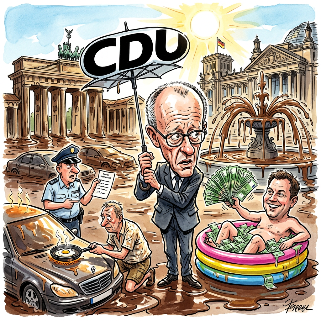 Der Deutsche Städtetag fordert vom Bund viele Milliarden Euro, damit die Menschen in den Städten bei Hitze nicht wie Schmelzkäse auf dem Asphalt enden. Die Bürgermeister wollen mehr Bäume, kühle Parks und modernere Gebäude gegen die Sonne. Bundeskanzler Friedrich Merz findet die Idee eigentlich gut, fragt sich aber vermutlich noch, ob man den Schatten nicht privatisieren und pro Minute abrechnen kann. In den Innenstädten ist es aktuell so heiß, dass Tauben ihre Eier direkt auf dem Gehweg hartkochen. Die Stadtväter schlagen nun vor, Betonwüsten in grüne Oasen zu verwandeln, bevor die Bürger anfangen, ihre Wohnzimmer in den Gefrierschrank zu verlegen. Finanzminister Lars Klingbeil soll nun das Sparschwein schlachten, damit Deutschland nicht zum Grillplatz Europas wird. Kritiker sagen, ein einfacher Ventilator für jeden Bürger wäre billiger, aber der passt so schlecht in den Bundeshaushalt. Am Ende geht es um viel Geld für ein bisschen frische Luft, während die Politiker im klimatisierten Büro schon mal den nächsten Winterurlaub planen. Wenn die Milliarden nicht fließen, hilft wohl nur noch eins: Den ganzen Tag im Supermarkt vor der Tiefkühltruhe stehen und so tun, als würde man die Erbsen ganz genau studieren.