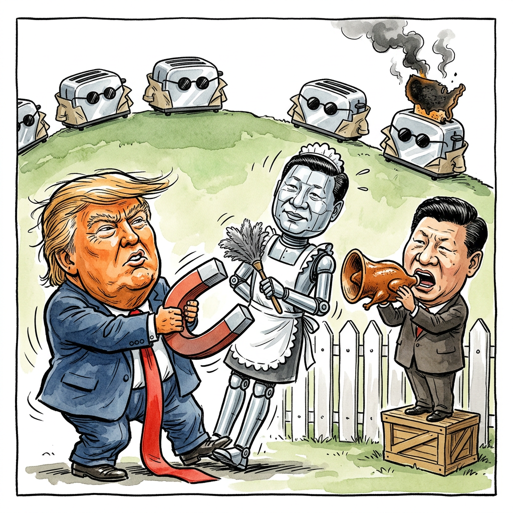 Die USA verbieten ab sofort den Import von menschenähnlichen Robotern aus China, weil sie Angst vor Spionage haben. US-Präsident Donald Trump fürchtet wohl, dass die Metall-Kollegen nachts heimlich seine Wimperntusche zählen oder das Rezept für seine Brathähnchen nach Peking funken. Xi Jinping ist sauer und droht nun mit Rache aus der Fabrik. Wenn die chinesischen Roboter gehen müssen, schickt China vielleicht bald nur noch Toaster, die das Brot absichtlich verbrennen. Trump will aber lieber sichergehen, dass kein Roboter in den USA mehr chinesisch spricht. Er hat Angst, dass ein Haushaltsroboter statt den Boden zu wischen plötzlich geheime Staatsgeheimnisse in die Cloud hochlädt. Der Streit zeigt, dass die Weltmächte sich nicht mal mehr auf Maschinen verlassen können. Xi Jinping überlegt nun angeblich, als Antwort alle amerikanischen Staubsauger in China auf Streik zu setzen. Am Ende stehen wir Menschen wieder alleine da und müssen unseren Müll selbst rausbringen. Das ist die wahre Katastrophe in diesem Handelskrieg um künstliche Intelligenz und echte Blechbüchsen.