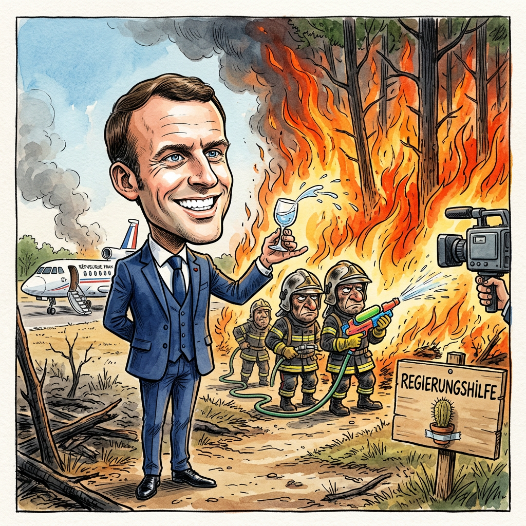 In der Region Gironde kämpfen Feuerwehrleute und Freiwillige verzweifelt gegen riesige Waldbrände, während die Regierung in Paris kaum Hilfe schickt. Die Lage ist so heiß, dass die Helfer ihren Kaffee mittlerweile direkt auf dem Boden kochen können. Präsident Emmanuel Macron hat bisher nur warme Worte geschickt, doch die löschen leider kein einziges Blatt. Die Retter vor Ort sind stinksauer und fordern echte Unterstützung statt schicker Reden aus dem kühlen Palast. Ein Feuerwehrmann berichtete, dass sein Wasserstrahl so dünn sei, dass er damit höchstens eine Zimmerpflanze gießen könne. Die Leute in der Gironde werfen der Regierung totale Planlosigkeit vor. Es hilft eben nichts, wenn man in Paris über den Klimawandel philosophiert, während im Süden der Grillabend unfreiwillig auf den ganzen Wald ausgeweitet wird. Macron denkt wohl, die Flammen gehen aus, wenn er sie lang genug auf Französisch beschimpft. Die Freiwilligen haben nun vorgeschlagen, das nächste Mal einfach Champagner zum Löschen zu nehmen. Das ist zwar teuer, aber davon hat die Regierung wenigstens genug im Keller. Wenn Merz in Berlin so weitermacht, können wir uns bald eine Scheibe von der französischen Hitze abschneiden. Am Ende bleibt den Helfern nur noch die Hoffnung, dass es bald Wein regnet, um den Kummer und das Feuer gleichzeitig zu ertränken.