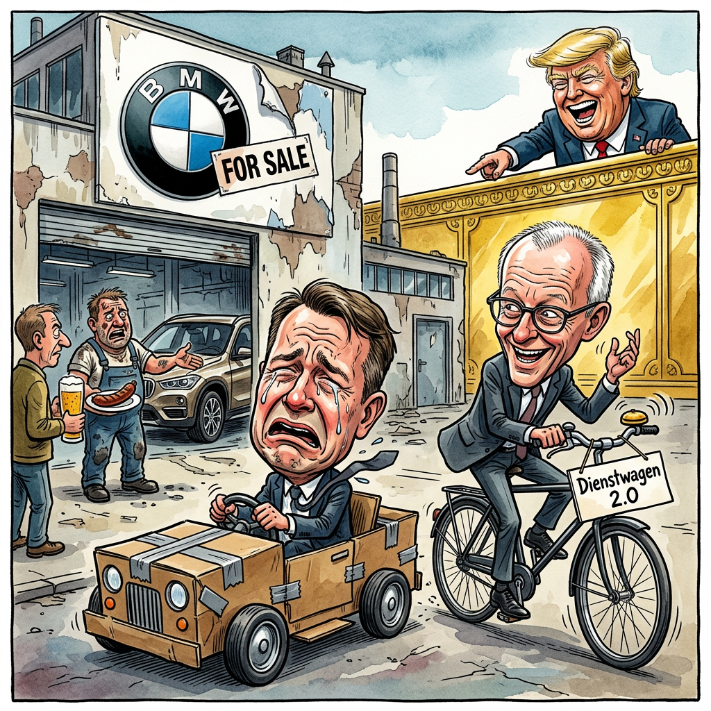 Autobauer BMW hat einen massiven Gewinneinbruch gemeldet und die gesamte deutsche Branche rutscht mit in den Keller. Die Tage der goldenen Lenkräder sind in München vorbei. Früher war ein BMW der Stolz jeder Vorstadt, doch heute schauen die Bosse so traurig aus der Wäsche wie ein Marder, der in ein Elektrokabel beißt. Der Grund für die Krise ist simpel: Keiner kauft mehr Autos, die so viel kosten wie ein Einfamilienhaus, aber nur drei Knöpfe und ein viel zu großes Display haben. Bundeskanzler Friedrich Merz ist entsetzt und überlegt bereits, ob man das Kanzleramt nicht zur Garage für unverkäufliche Siebener-Modelle umbauen könnte. In den Fabriken herrscht Grabesstimmung und die Fließbänder bewegen sich so langsam, dass Arbeiter darauf fast einschlafen. Man munkelt sogar, dass die berühmten Gratis-Äpfel in der Kantine nun gegen harte Zwiebeln getauscht wurden, um die Kosten zu drücken. Wenn das so weitergeht, müssen die Top-Manager bald das tun, was sie seit Jahrzehnten vermeiden: Sie müssen mit der Deutschen Bahn fahren. Das wäre dann die endgültige Pleite für jeden, der bisher auf deutsche Wertarbeit gesetzt hat. Am Ende bleibt den Autobauern wohl nur noch eine Lösung: Die Autos verschenken und hoffen, dass man wenigstens an den teuren Reparaturen für die Klimaanlage reich wird.
