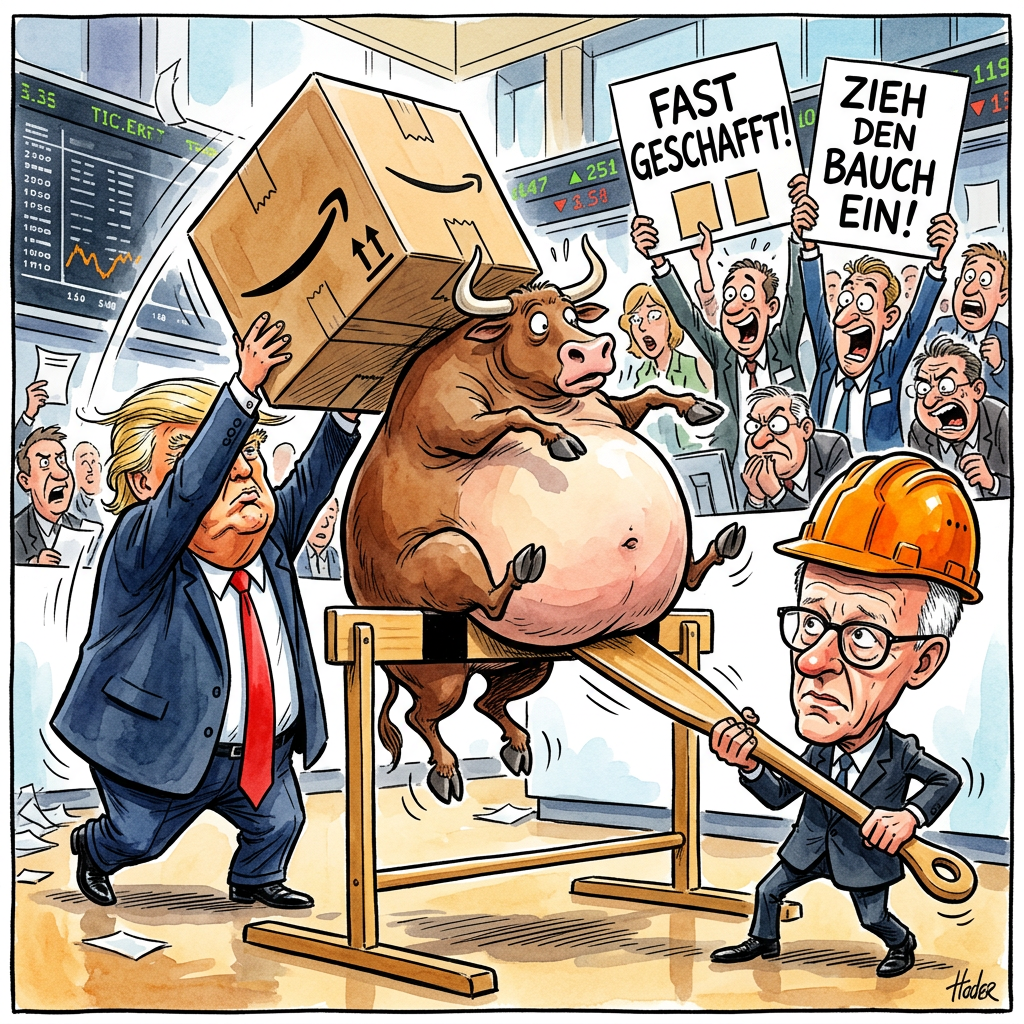 Der deutsche Aktienindex DAX steht kurz vor einem neuen Rekordhoch von 25.900 Punkten, schafft den letzten kleinen Sprung aber einfach nicht. Obwohl die Firma Amazon mit super Zahlen hilft, hängen die Kurse fest wie ein Kaugummi unter dem Schreibtisch. Die Händler in Frankfurt starren so fest auf die Bildschirme, dass die ersten Hornhäute auf den Augäpfeln wachsen. Bundeskanzler Friedrich Merz soll angeblich schon überlegen, das Allzeithoch per Gesetz zur Pflicht zu machen, damit die Stimmung im Land endlich steigt. Viele Anleger vermuten, dass der DAX einfach nur Höhenangst hat oder auf ein Zeichen von Donald Trump wartet. Die Lage ist dramatisch: Ein einziger Punkt fehlt, und die Banker fangen vor Nervosität an, ihre Krawatten aufzuessen. Manche Experten schlagen vor, den DAX einfach mit einem Kran über die Marke zu heben, damit nach Feierabend endlich wieder Champagner statt Leitungswasser getrunken werden kann. Wenn der Durchbruch heute nicht klappt, wird die Börse morgen wahrscheinlich aus Protest einfach erst mittags aufgemacht. Es ist wie beim Bergsteigen kurz vor dem Gipfel, nur dass die Banker keine Sauerstoffmasken tragen, sondern teure Anzüge und Angstschweiß.